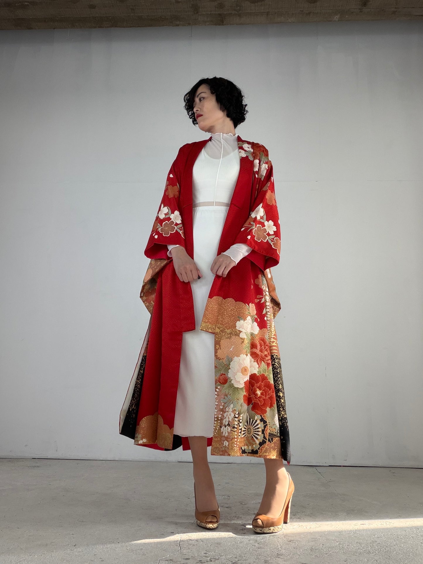 Furisode Kimono Dress Gown with String Belt – Upcycled from Vintage Japanese Kimono "red, sakura, botan, kiku, DRE019"