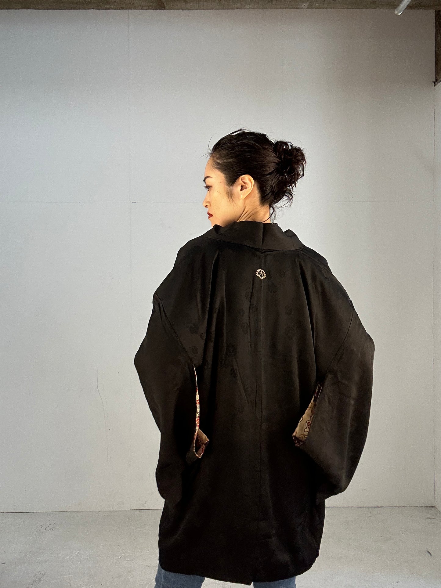 VINTAGE BLACK HAORI "beautiful antique hishigata ining ground pattern”