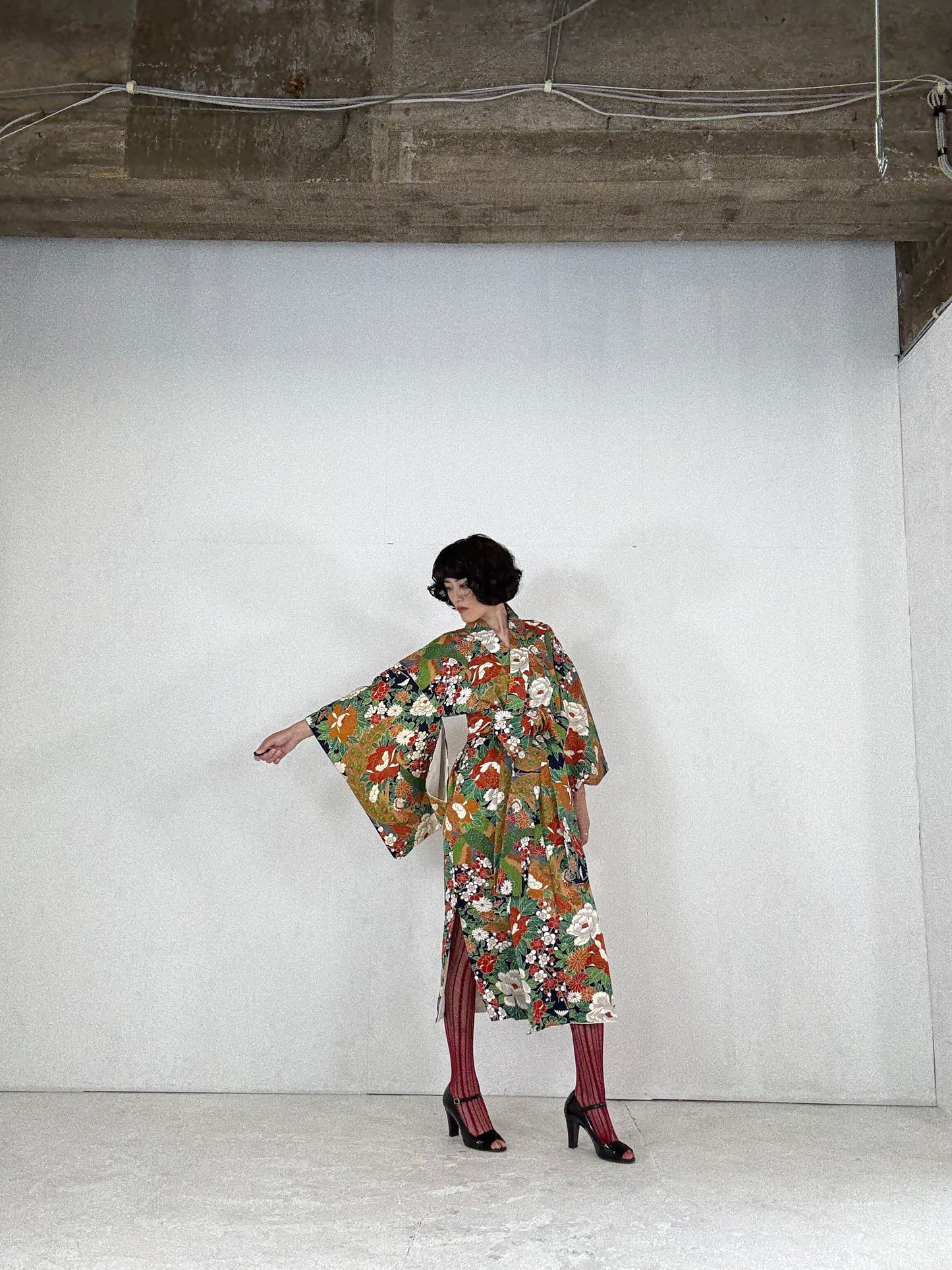 Kimono dress gown and string belt upcycled from Japanese kimono "hanadukushi" Big Ribbon