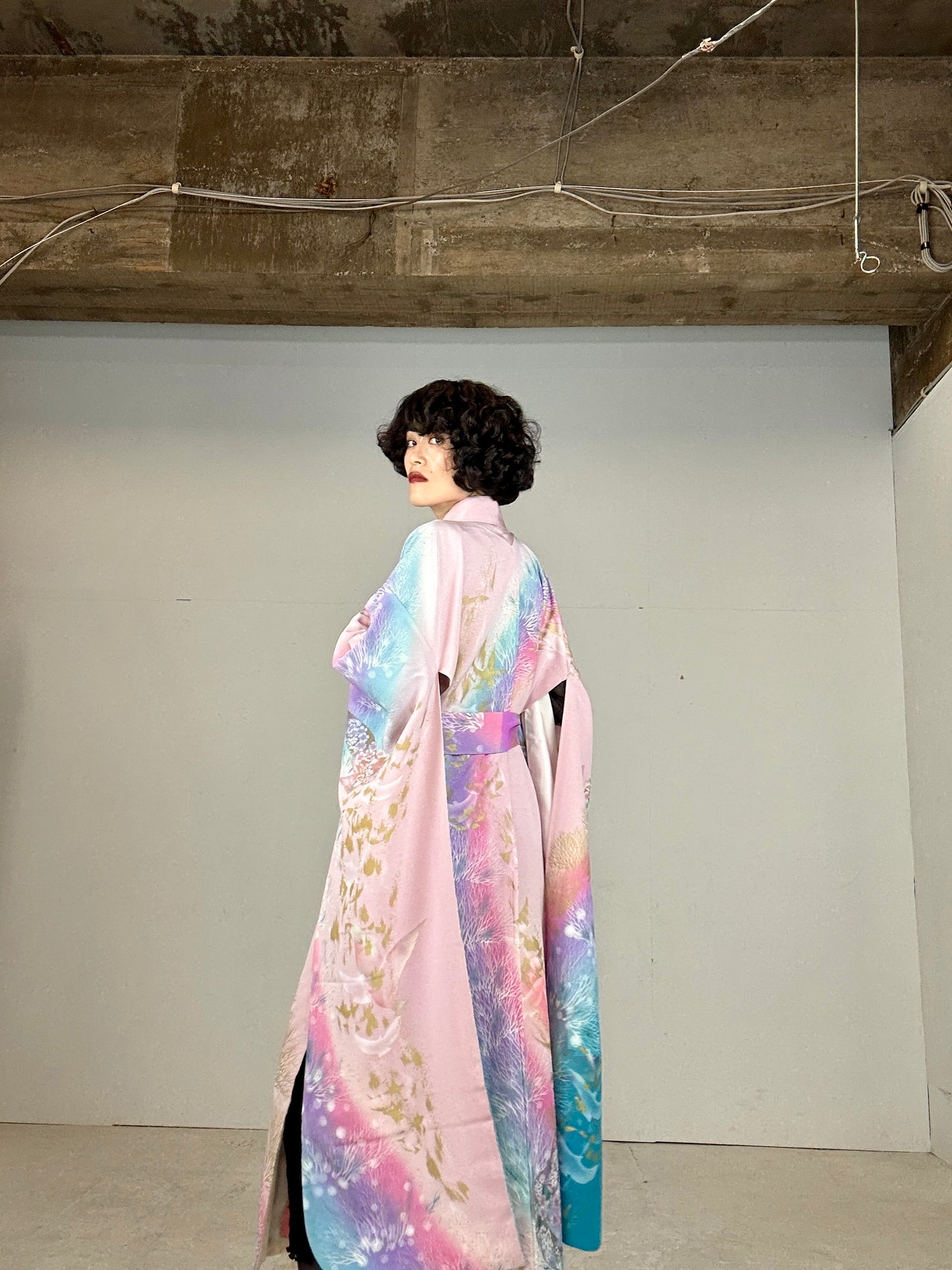 Furisode Kimono dress gown and string belt upcycled from Japanese kimono "sky gradient bird"