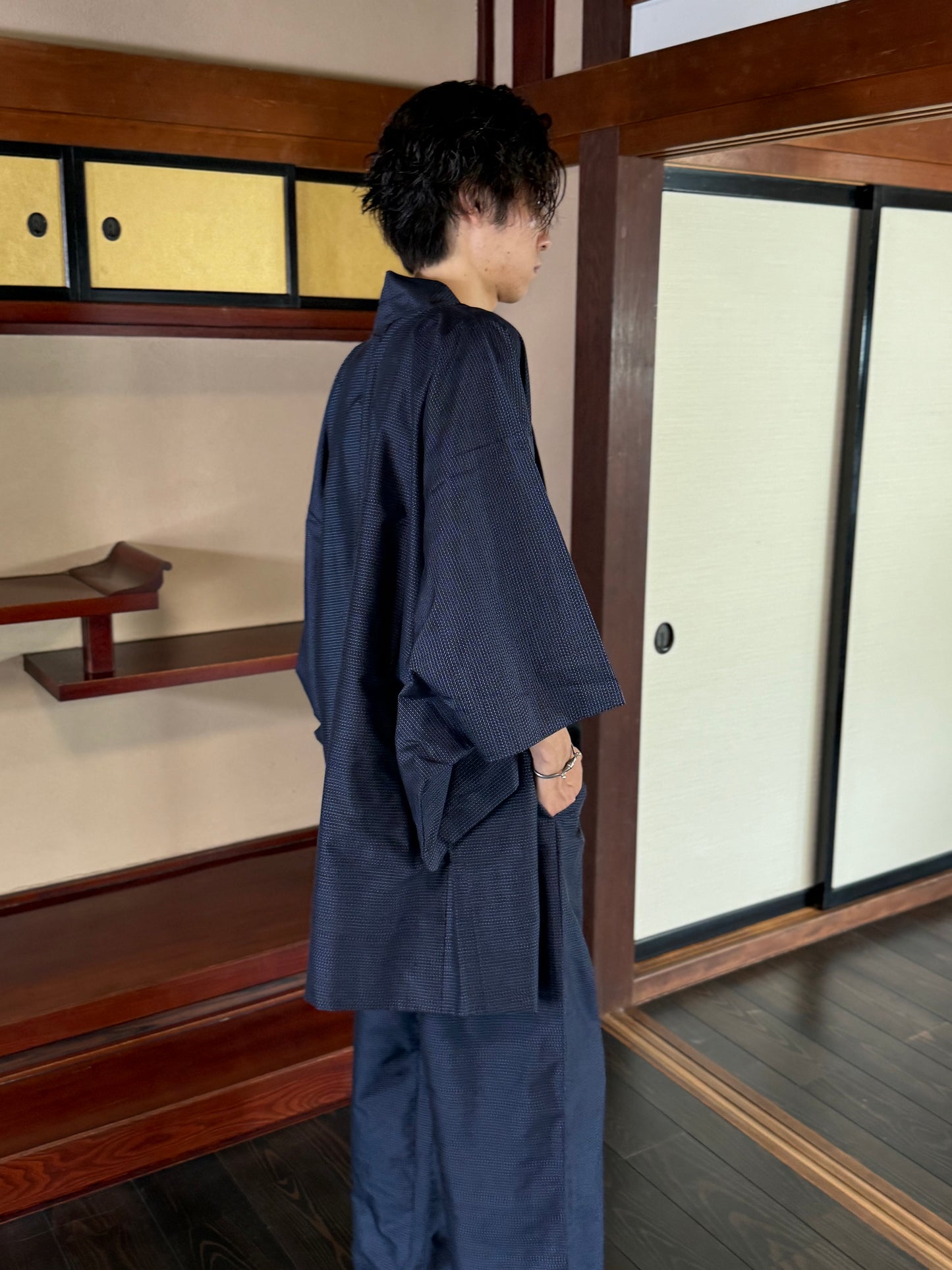 Oshima Tsumugi HAORI  and KIMONO elastic waist pants upcycled from Japanese kimono"taka"version 2