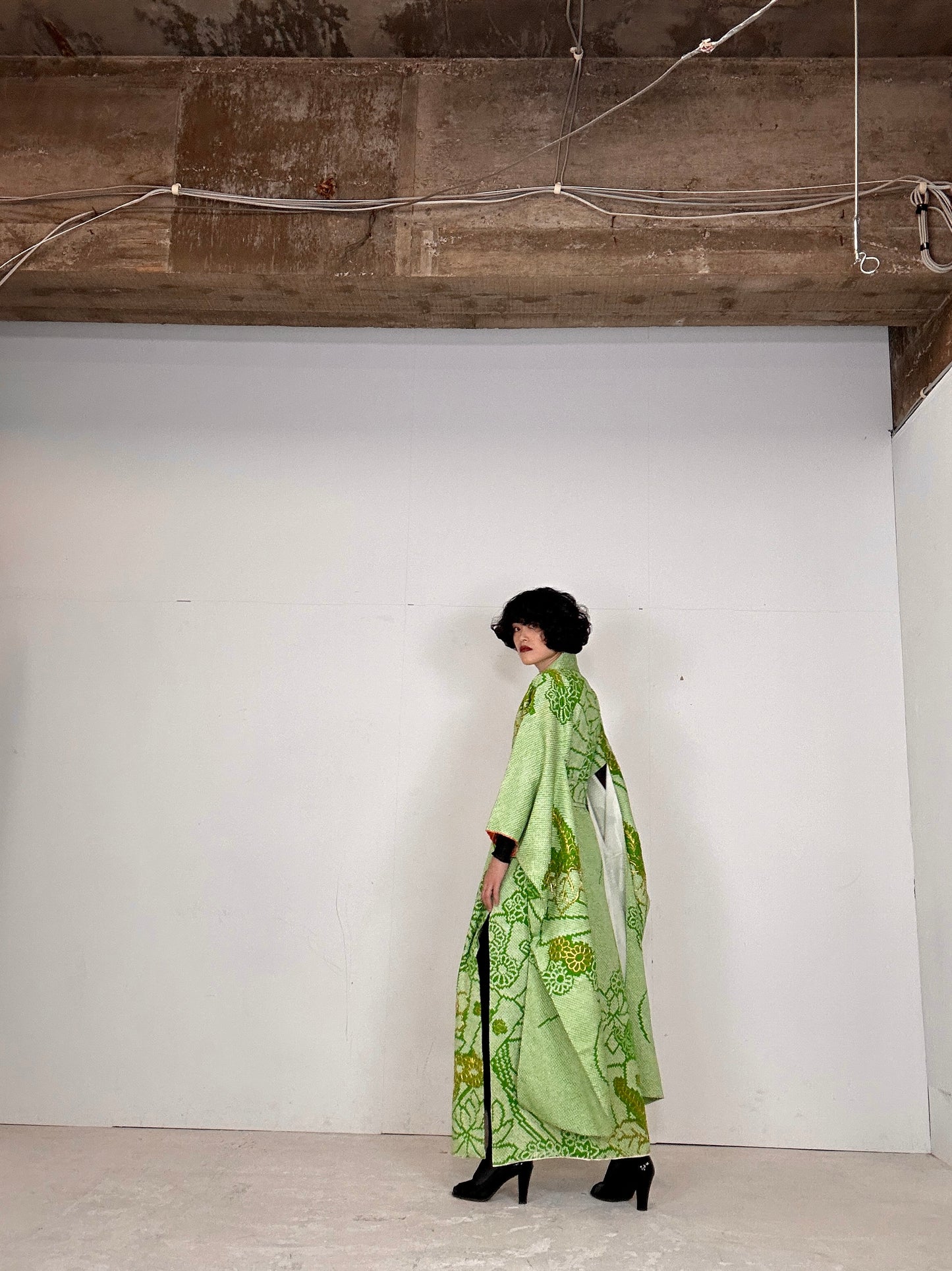 Furisode Kimono dress gown and string belt upcycled from Japanese kimono "shibori green"