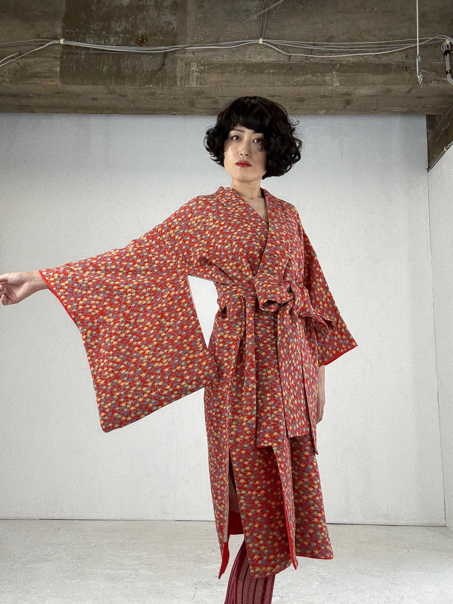 Kimono dress gown and string belt upcycled from Japanese kimono "tachibana" Big Ribbon