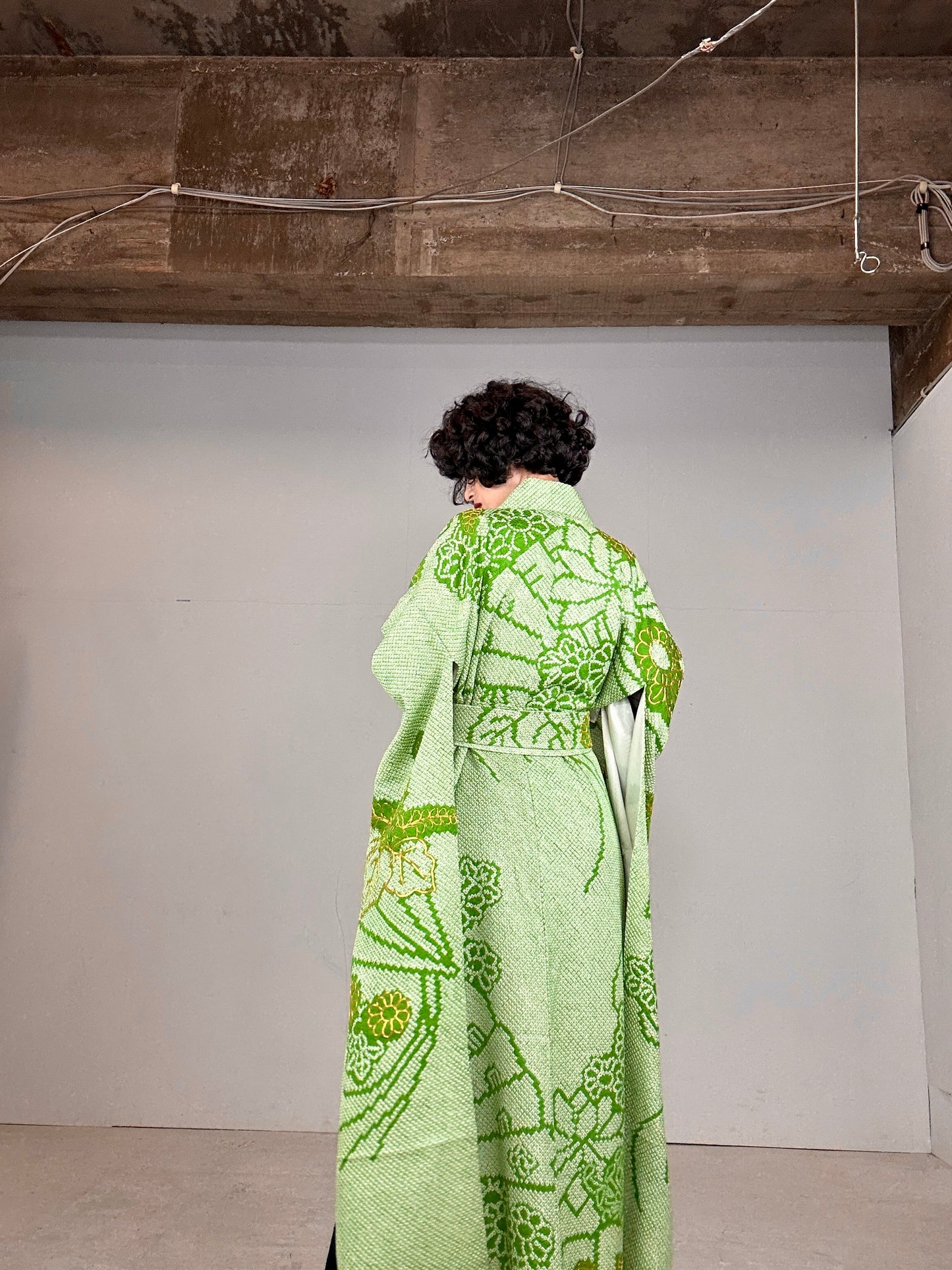 Furisode Kimono dress gown and string belt upcycled from Japanese kimono "shibori green"