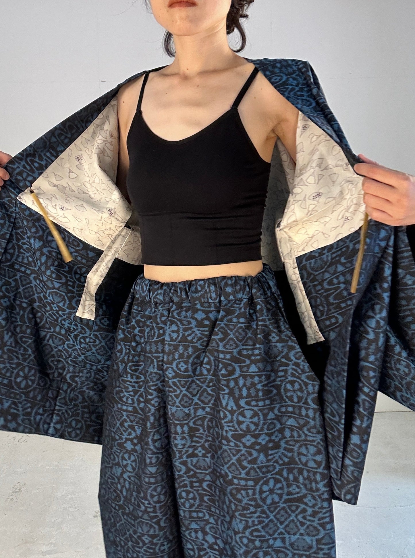 06blue Tsumugi HAORI and KIMONO elastic waist pants upcycled from Japanese kimono(Unisex)