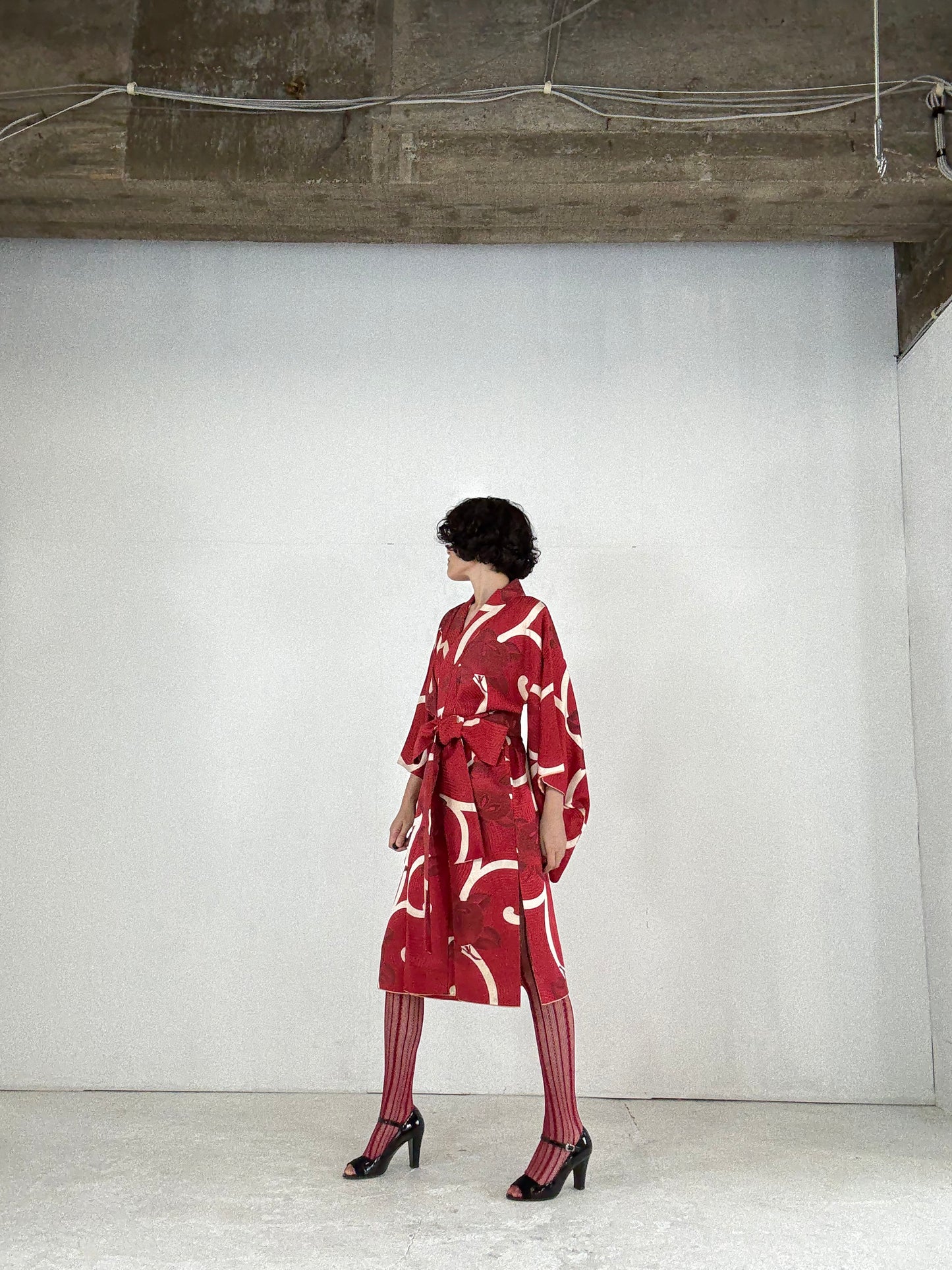 Kimono dress gown and string belt upcycled from Japanese kimono "karakusa, antique" Big Ribbon *damage