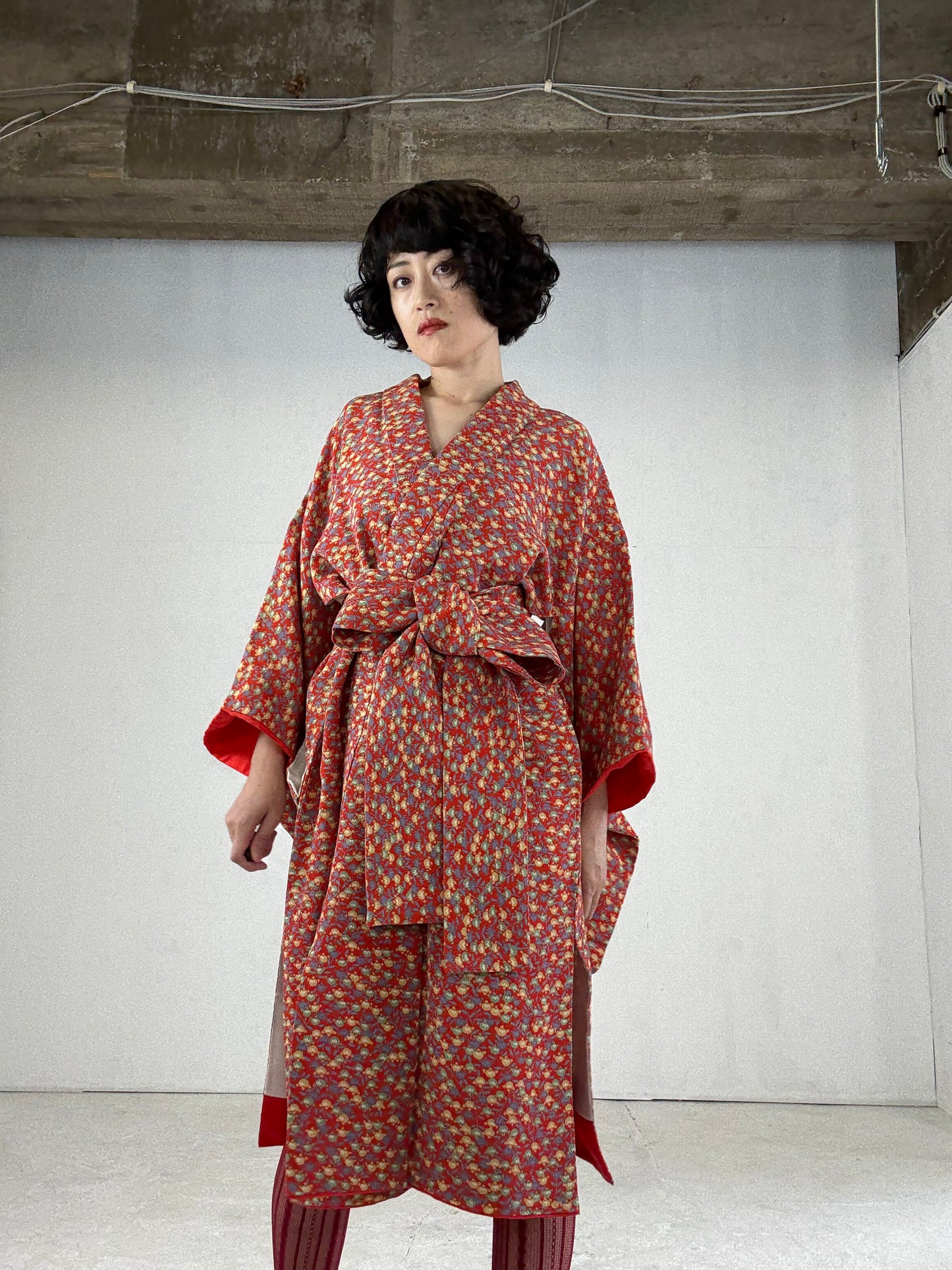 Kimono dress gown and string belt upcycled from Japanese kimono "tachibana" Big Ribbon