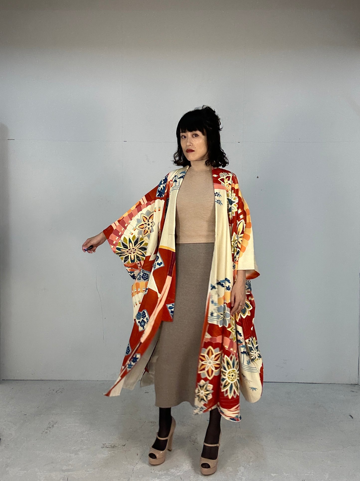 Furisode Kimono dress gown and string belt upcycled from Japanese kimono "furisode aka"