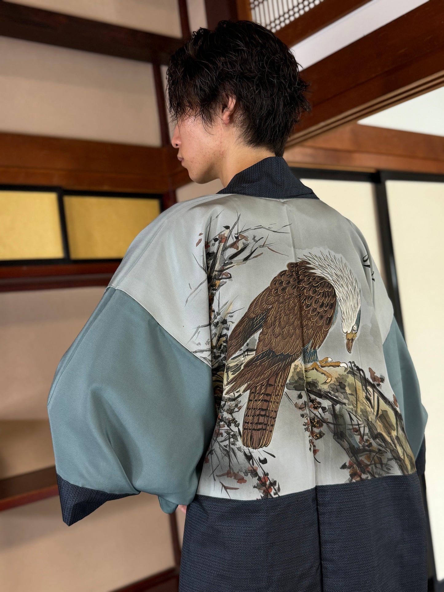 Oshima Tsumugi HAORI  and KIMONO elastic waist pants upcycled from Japanese kimono"taka"version 2