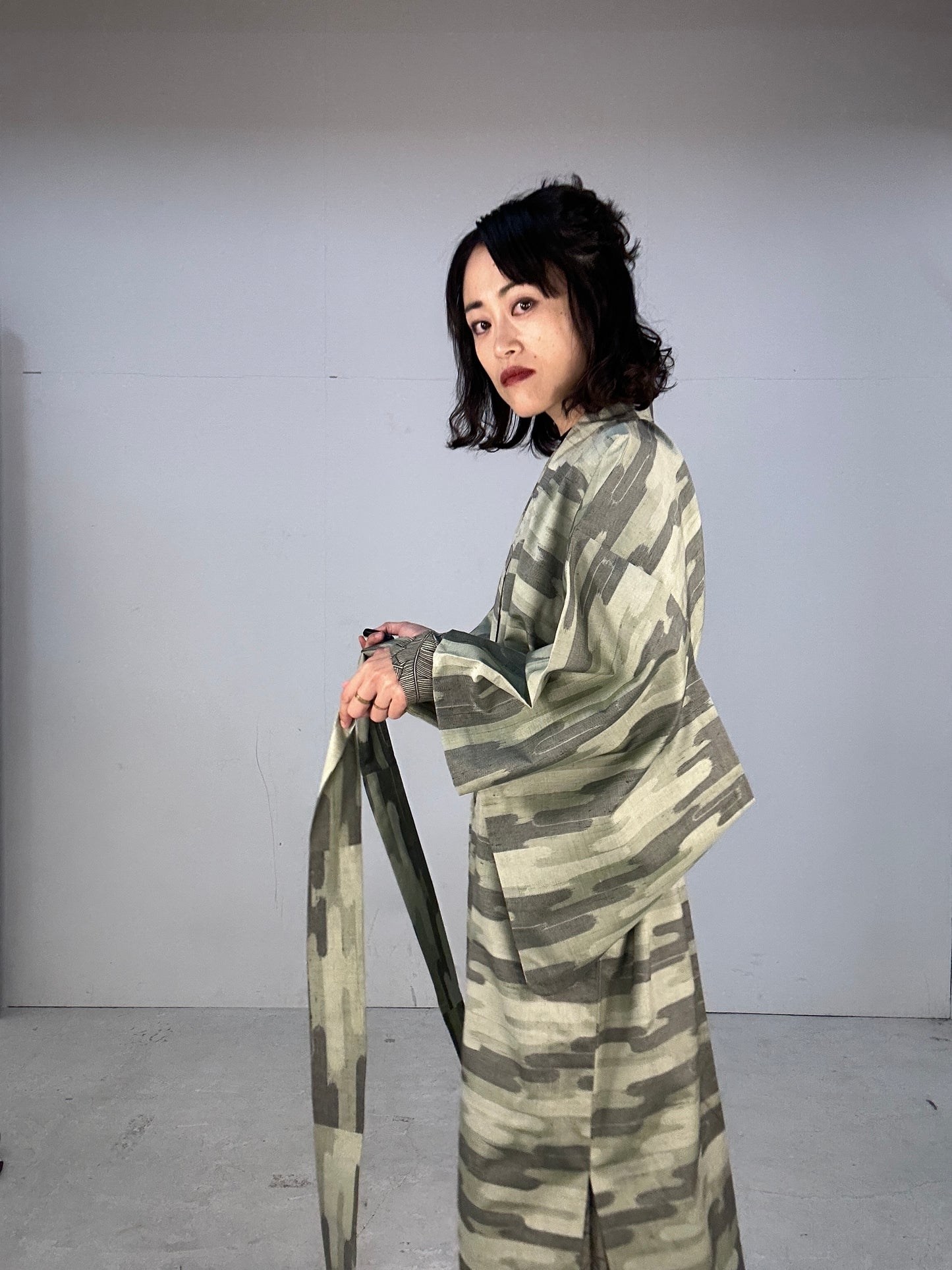 Kimono dress gown and string belt upcycled from Japanese kimono "tsumugi cloud pattern"