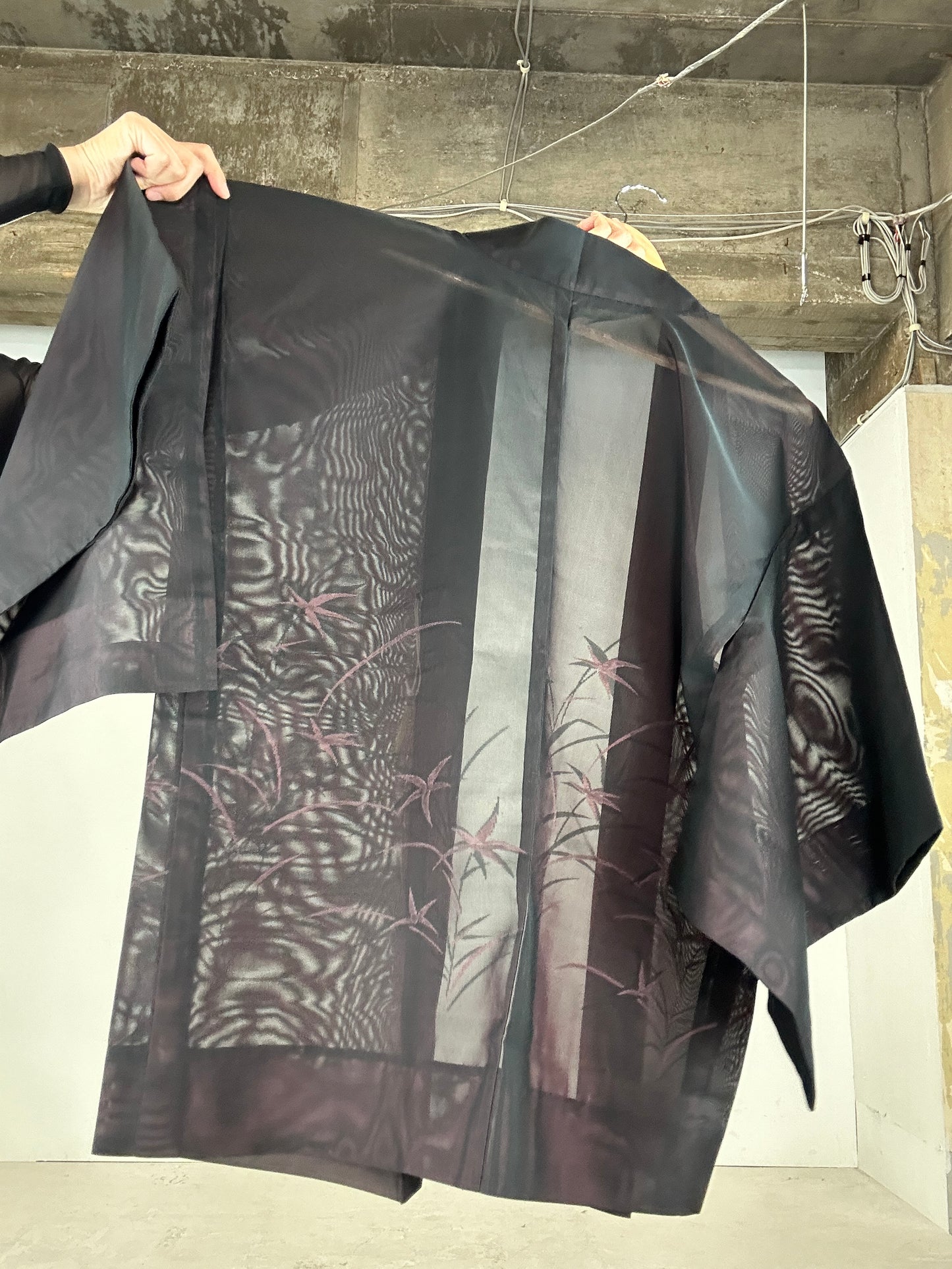 VINTAGE BLACK HAORI SHEER “aka 001 pink shibakusa"