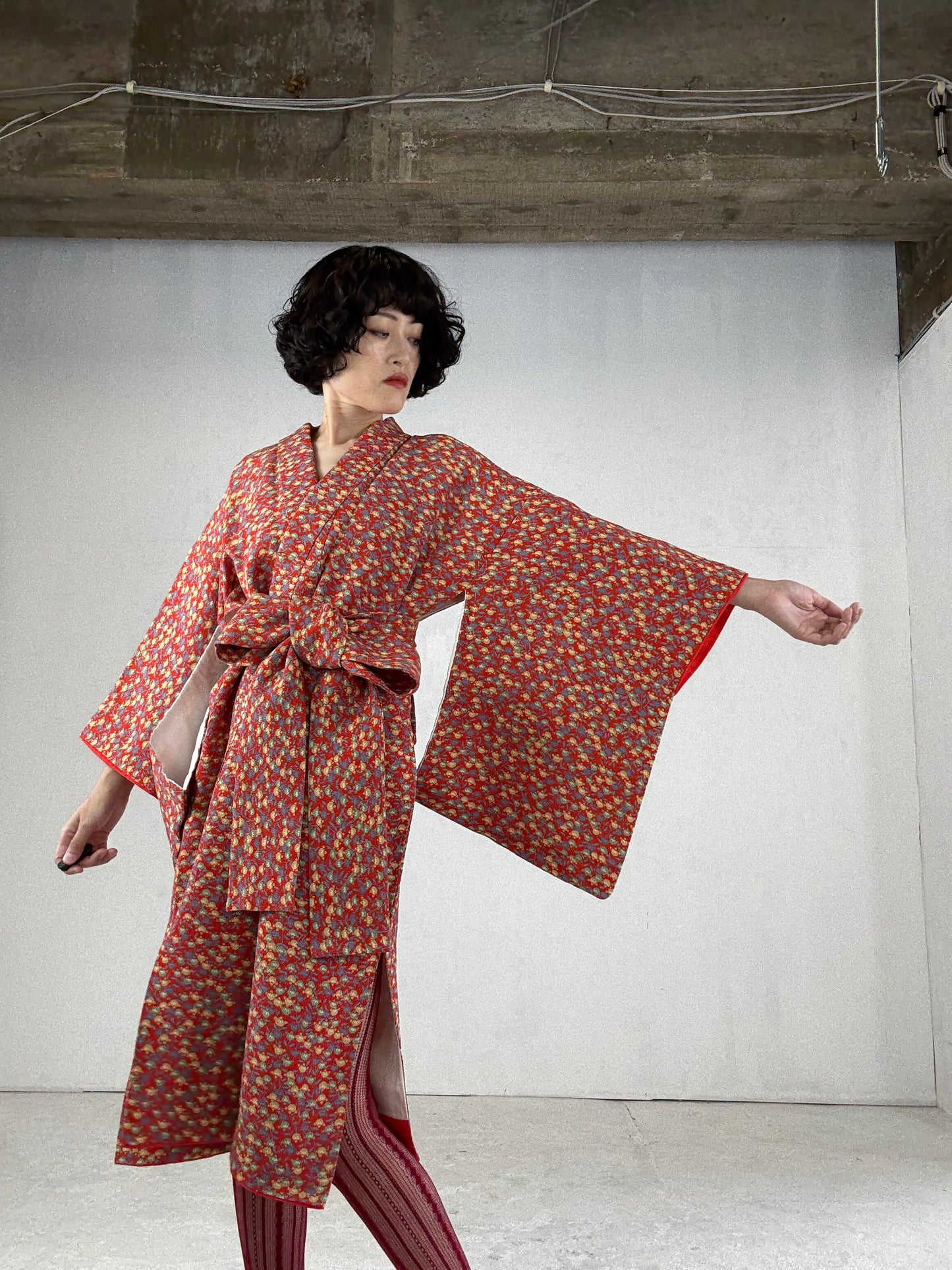 Kimono dress gown and string belt upcycled from Japanese kimono "tachibana" Big Ribbon