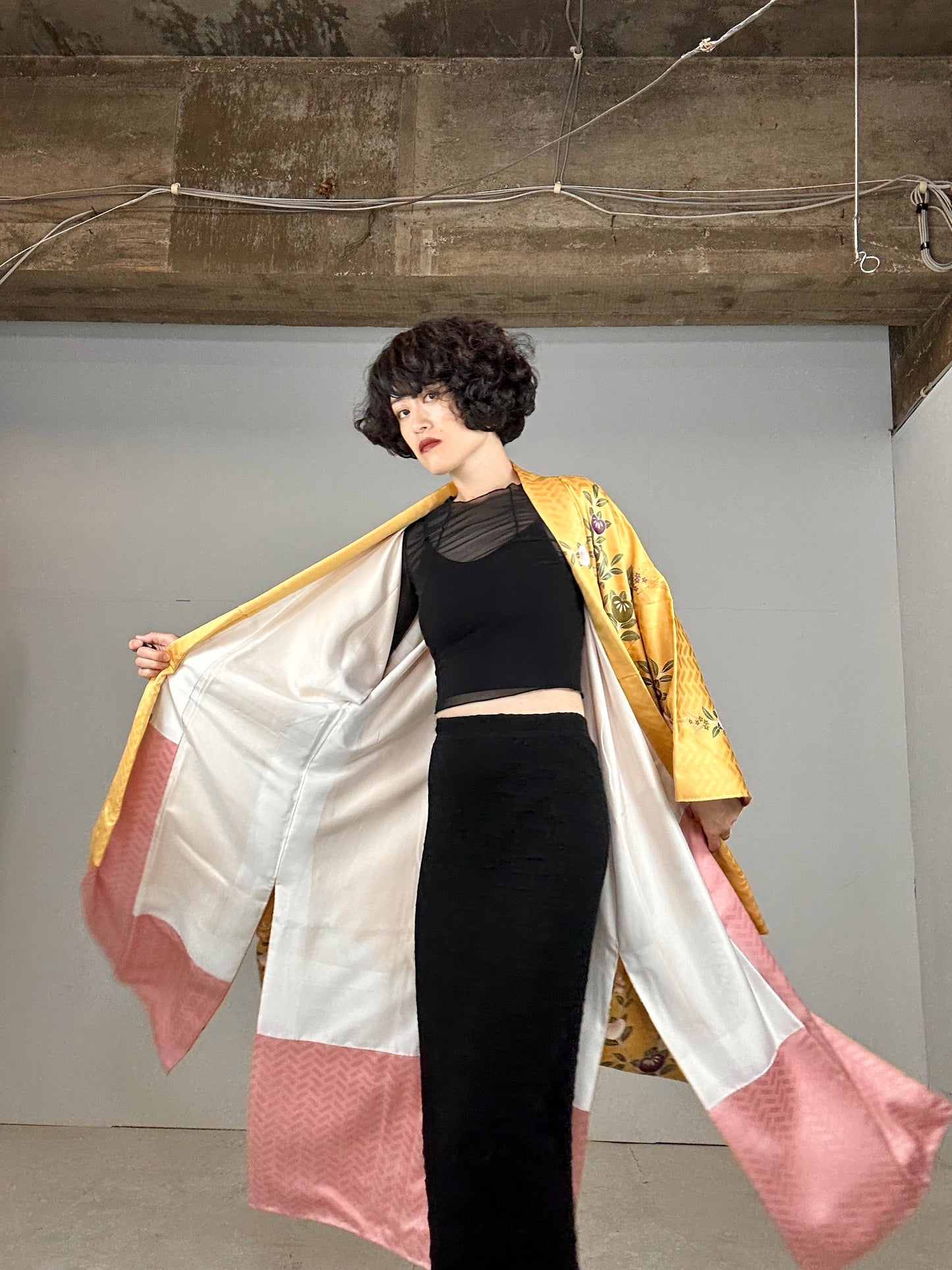 Furisode Kimono dress gown and string belt upcycled from Japanese kimono "yellow"