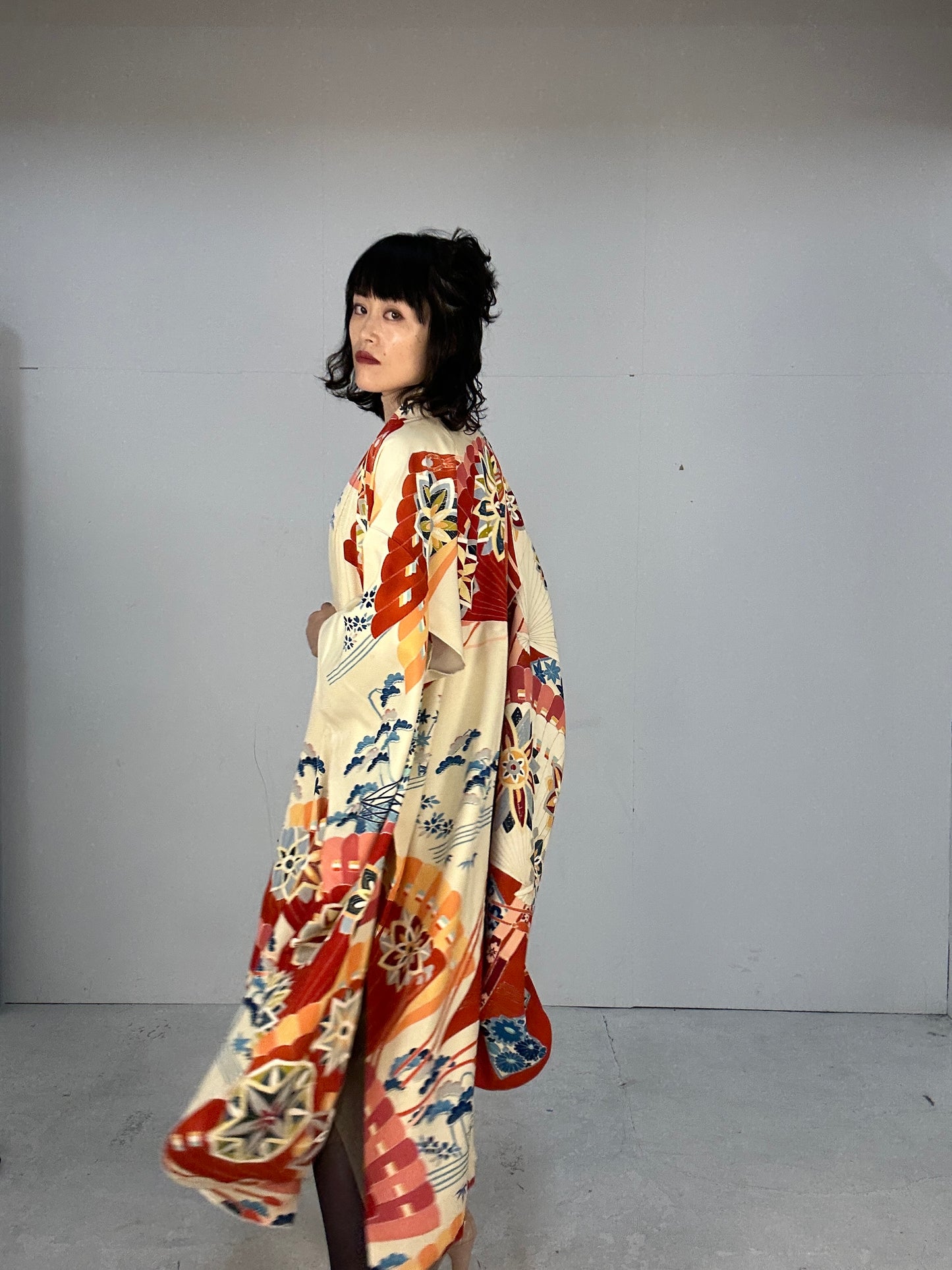 Furisode Kimono dress gown and string belt upcycled from Japanese kimono "furisode aka"