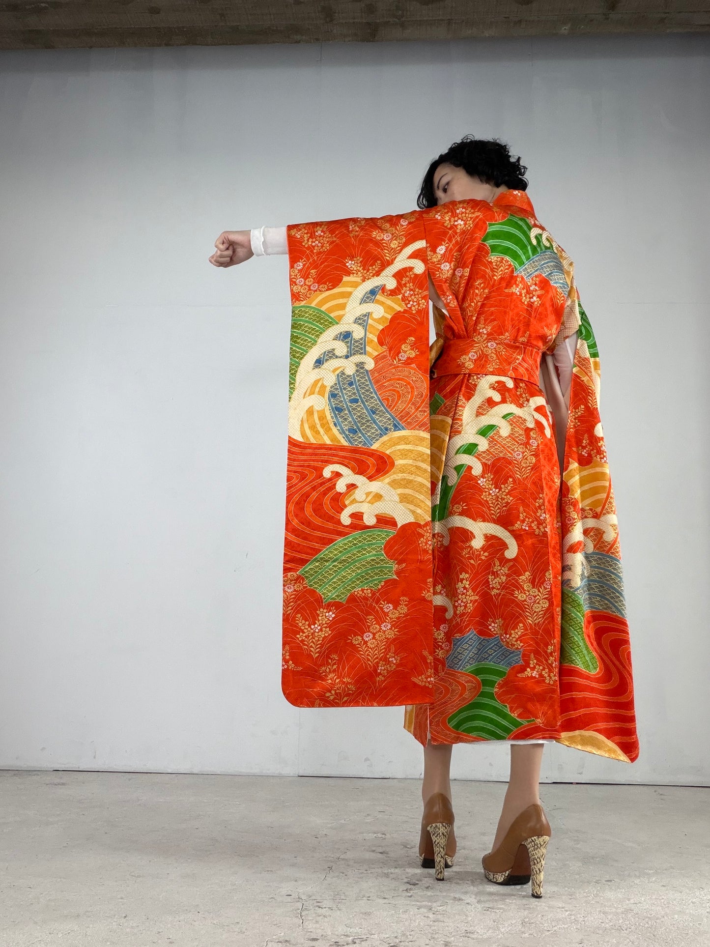 Furisode Kimono Dress Gown with String Belt – Upcycled from Vintage Japanese Kimono "orange, nami, DRE021"