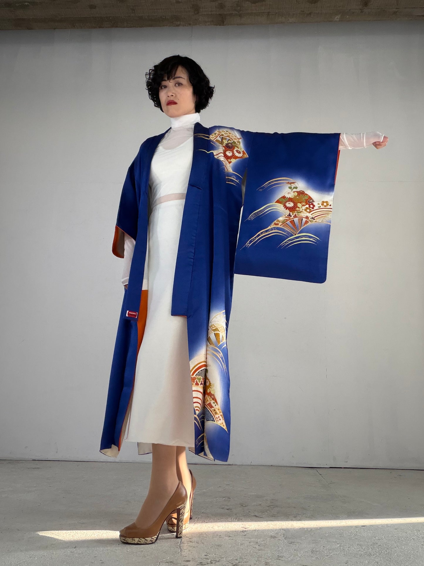 Houmongi Kimono Dress Gown with String Belt – Upcycled from Vintage Japanese Kimono "blue,genjiguruma, DRE033"