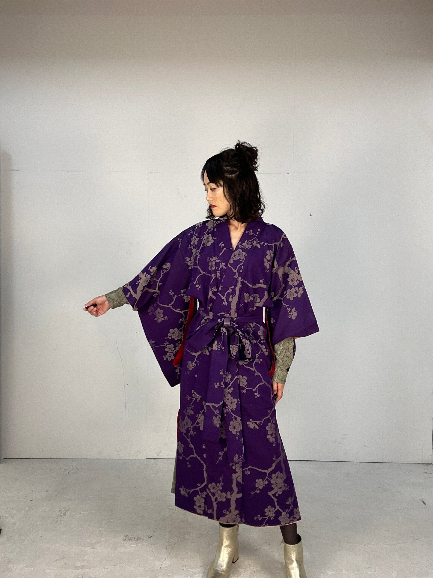 Kimono dress gown and string belt upcycled from Japanese kimono "komon ume"