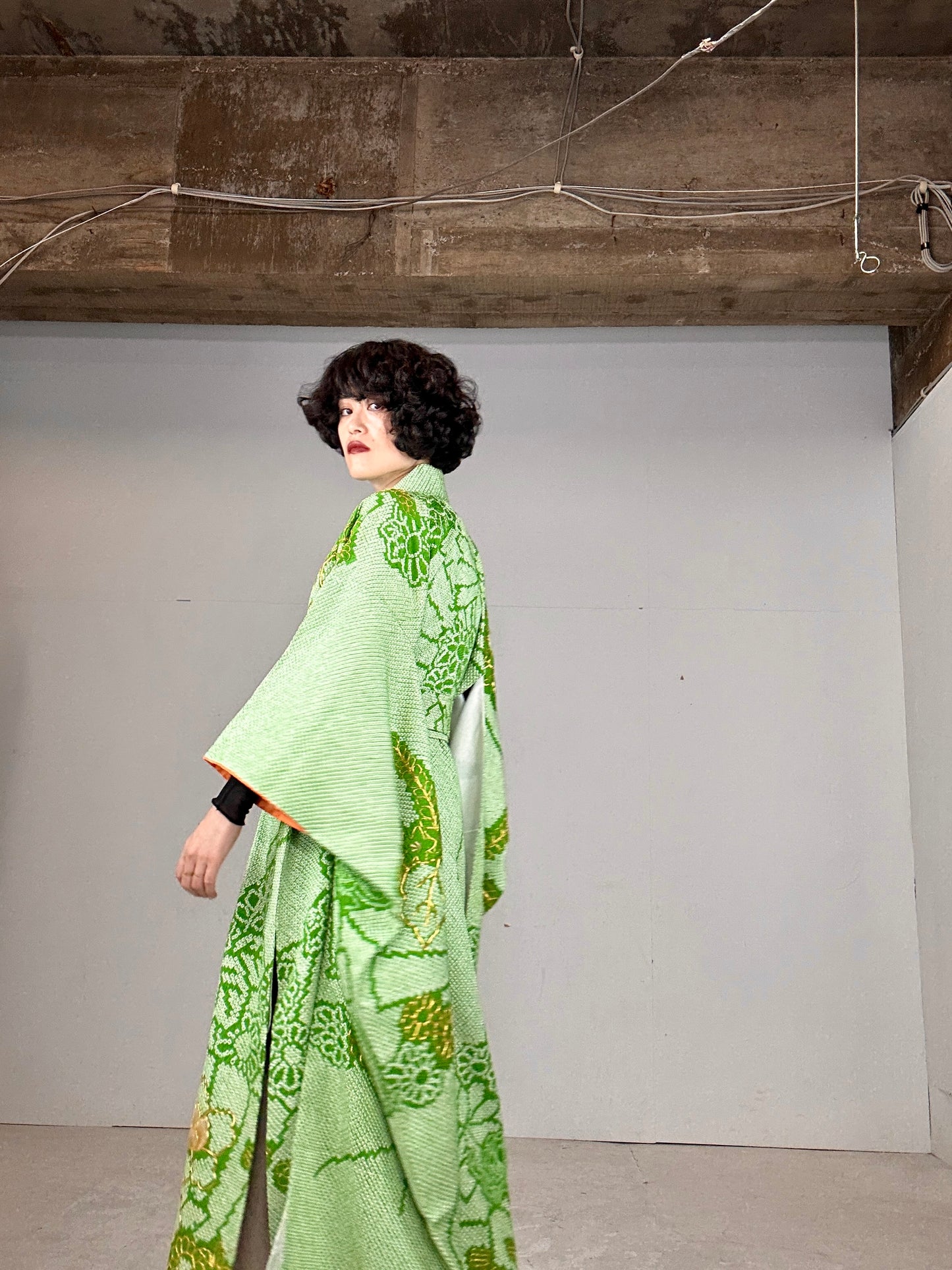 Furisode Kimono dress gown and string belt upcycled from Japanese kimono "shibori green"