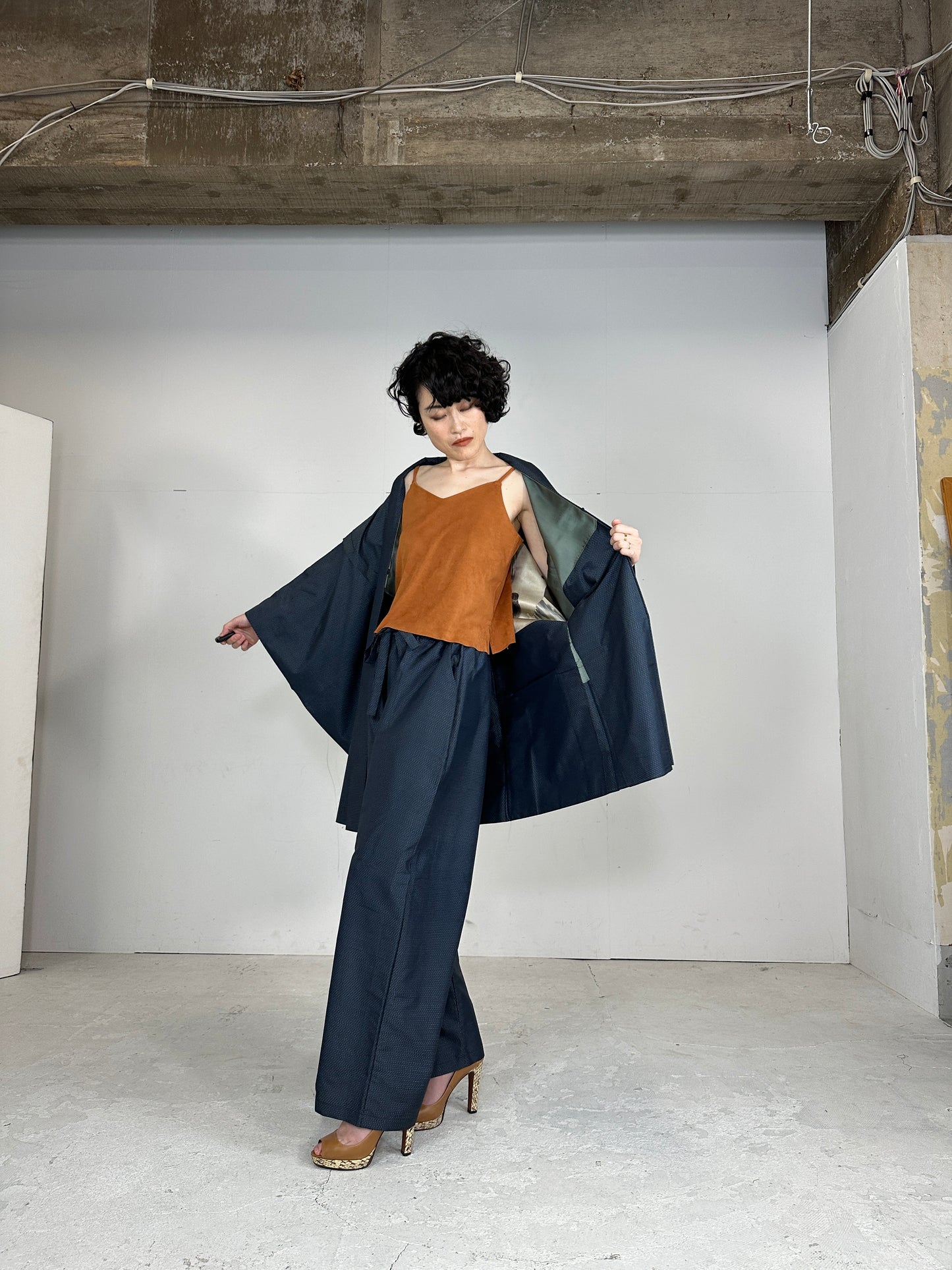 Oshima Tsumugi HAORI  and KIMONO elastic waist pants(large size) upcycled from Japanese kimono(Unisex)"Takarabune" *damage