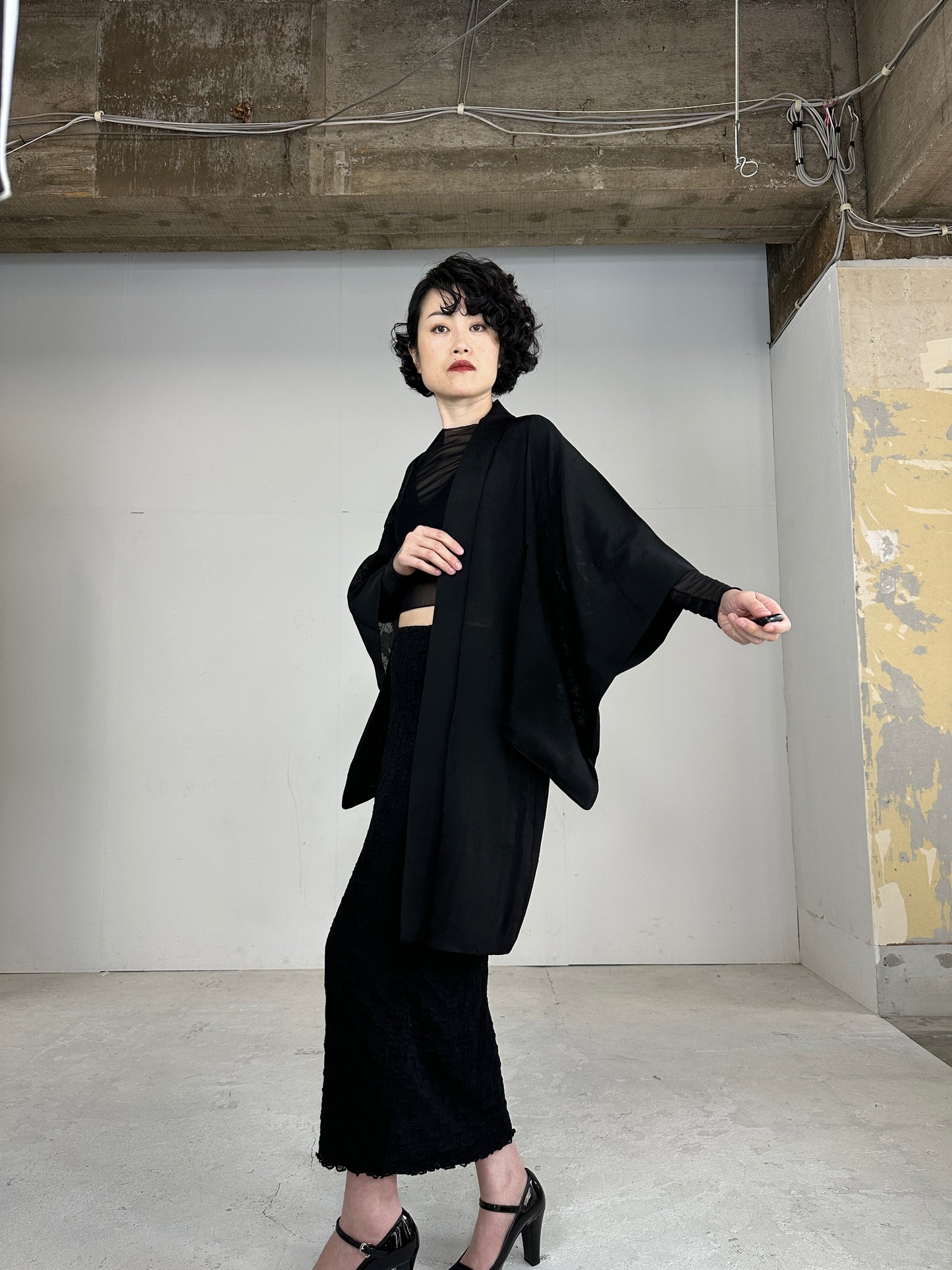 VINTAGE BLACK HAORI SHEER “ryusui_nadeshiko”