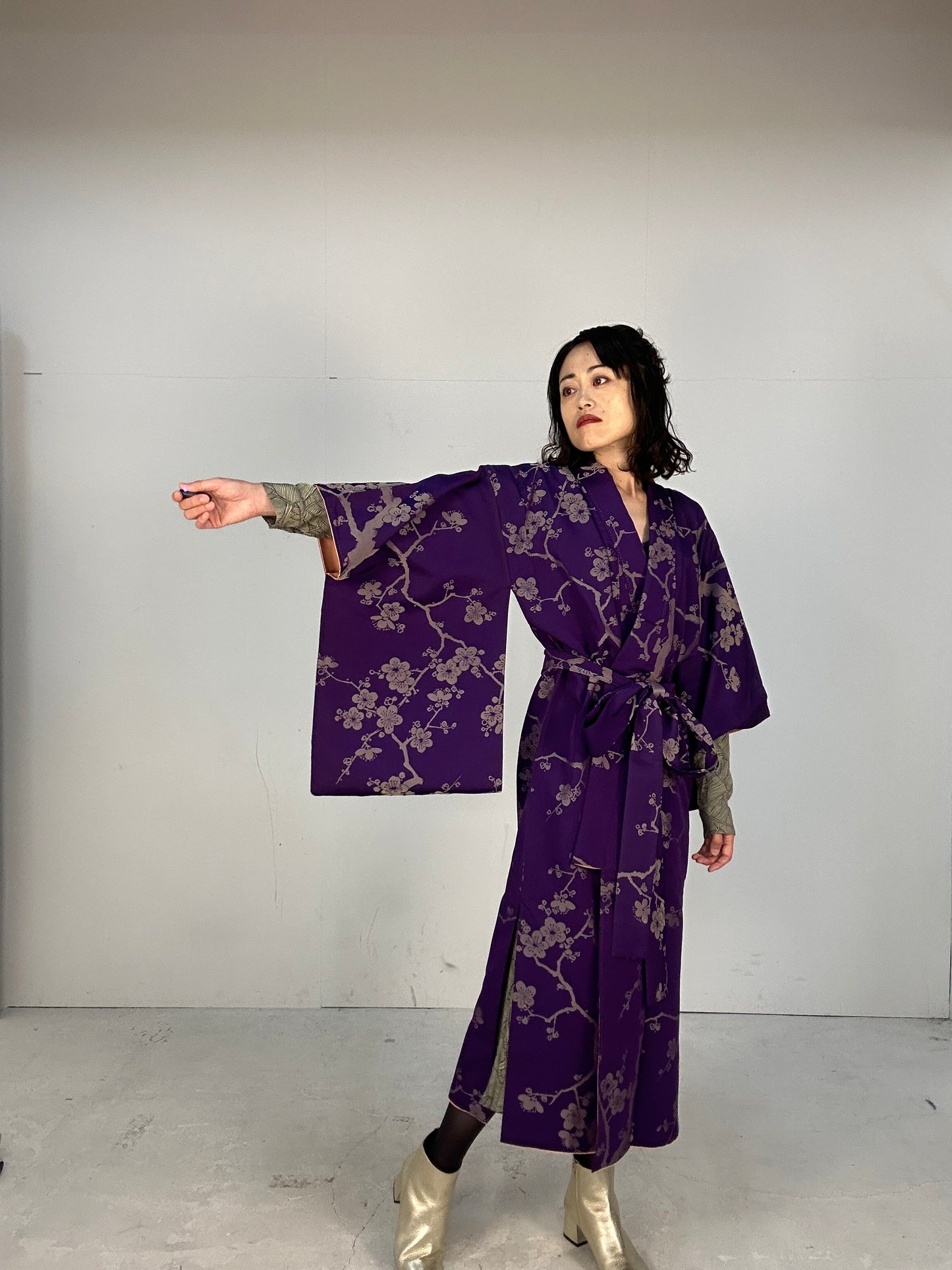 Kimono dress gown and string belt upcycled from Japanese kimono "komon ume"