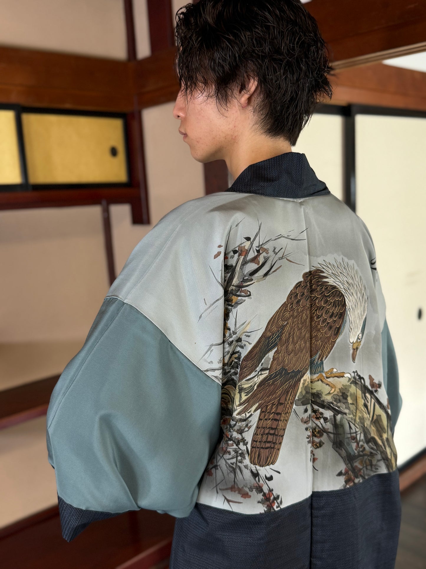 Oshima Tsumugi HAORI  and KIMONO elastic waist pants upcycled from Japanese kimono"taka"version 2