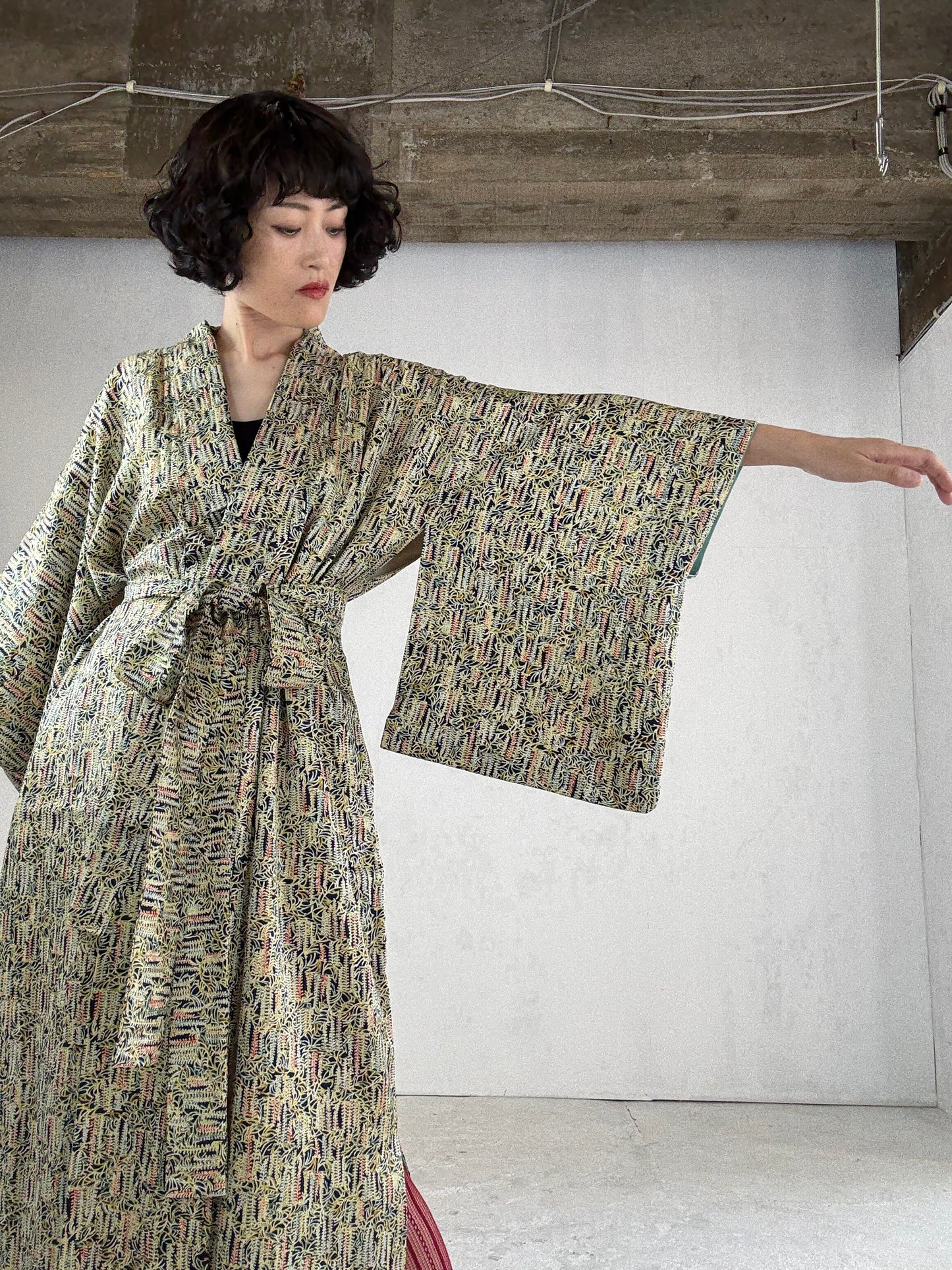 Kimono dress gown and string belt upcycled from Japanese kimono " fuji"