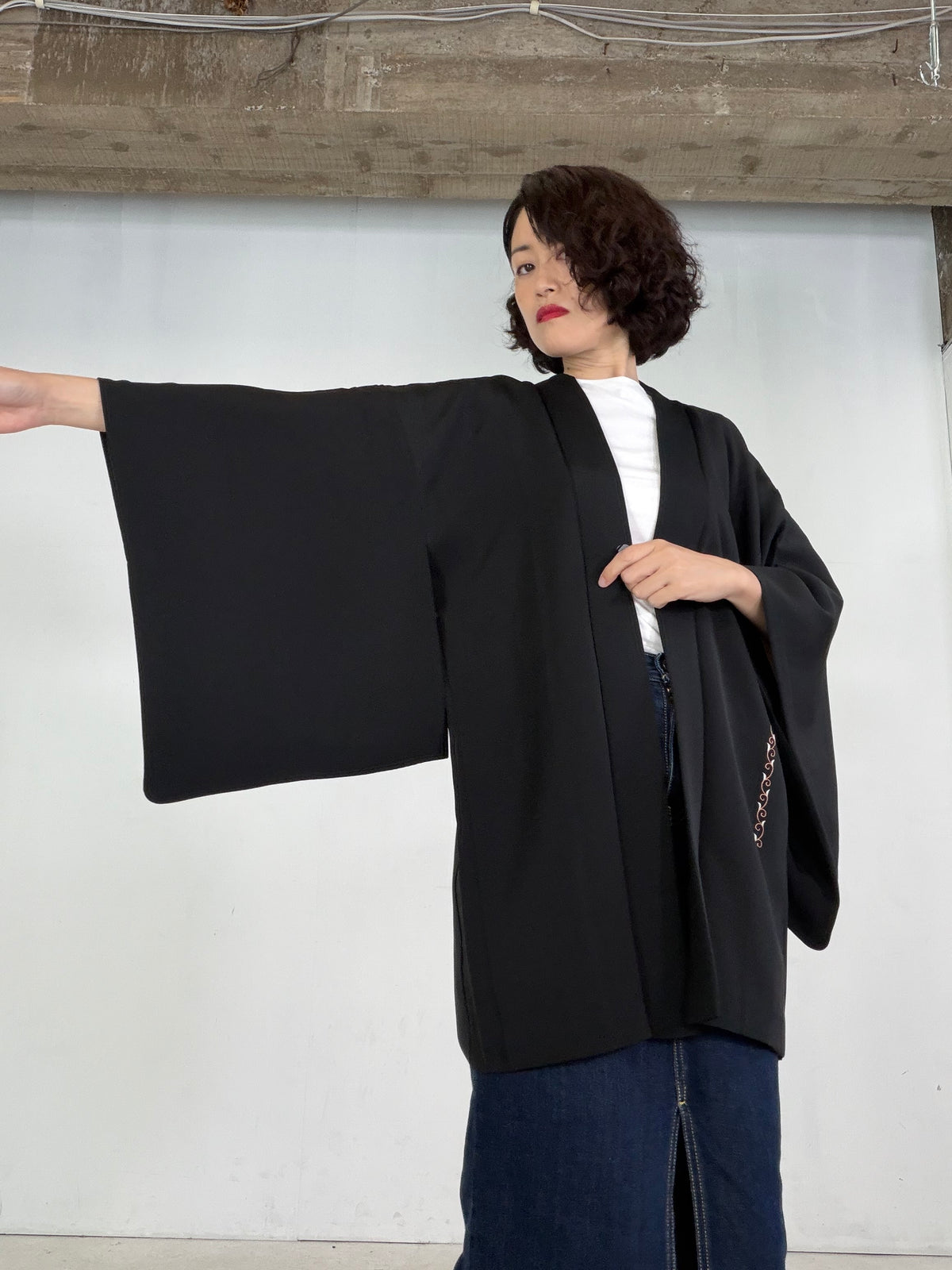 VINTAGE BLACK HAORI  "embroidery, BLK207"