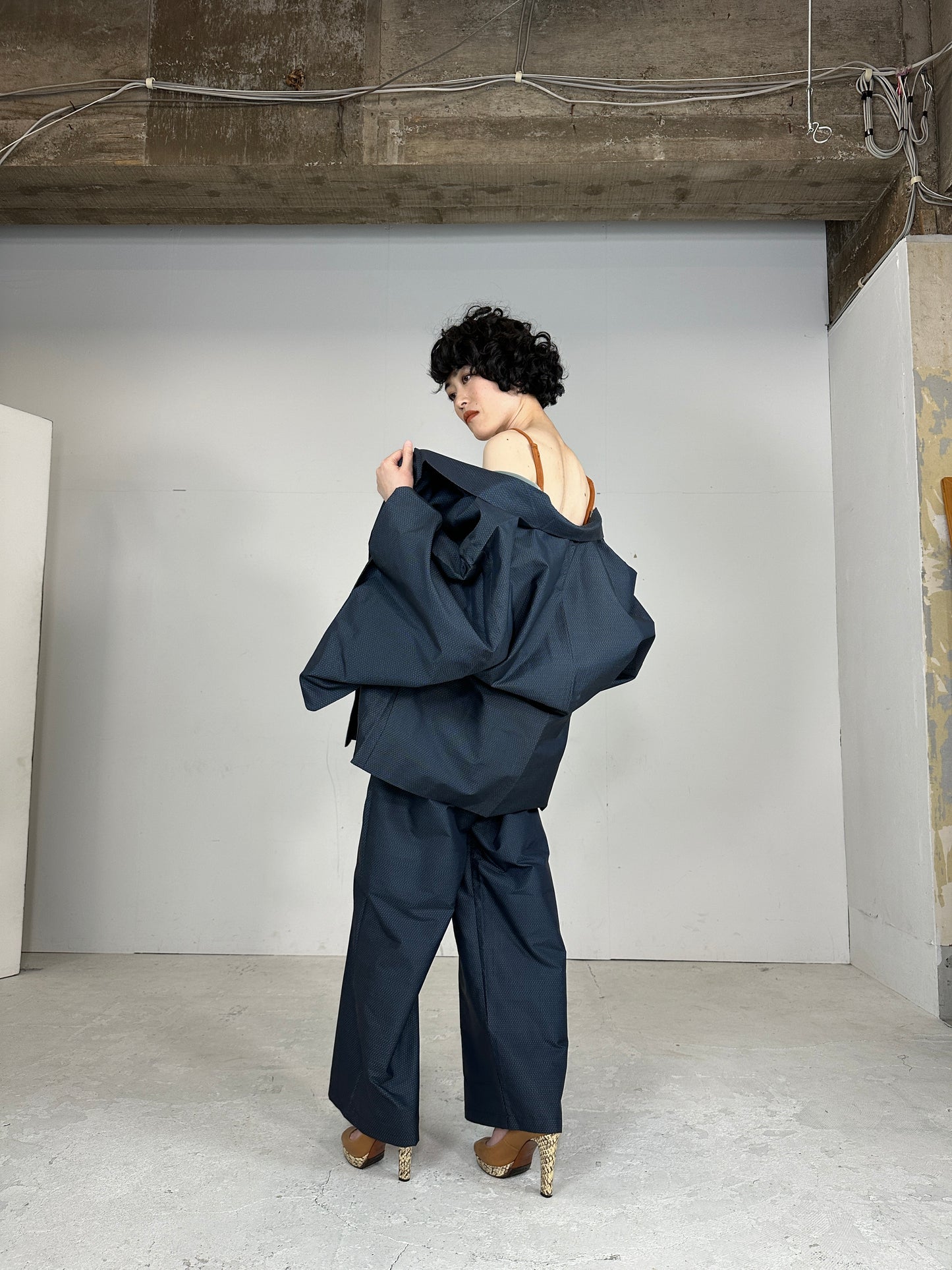 Oshima Tsumugi HAORI  and KIMONO elastic waist pants(large size) upcycled from Japanese kimono(Unisex)"Takarabune" *damage