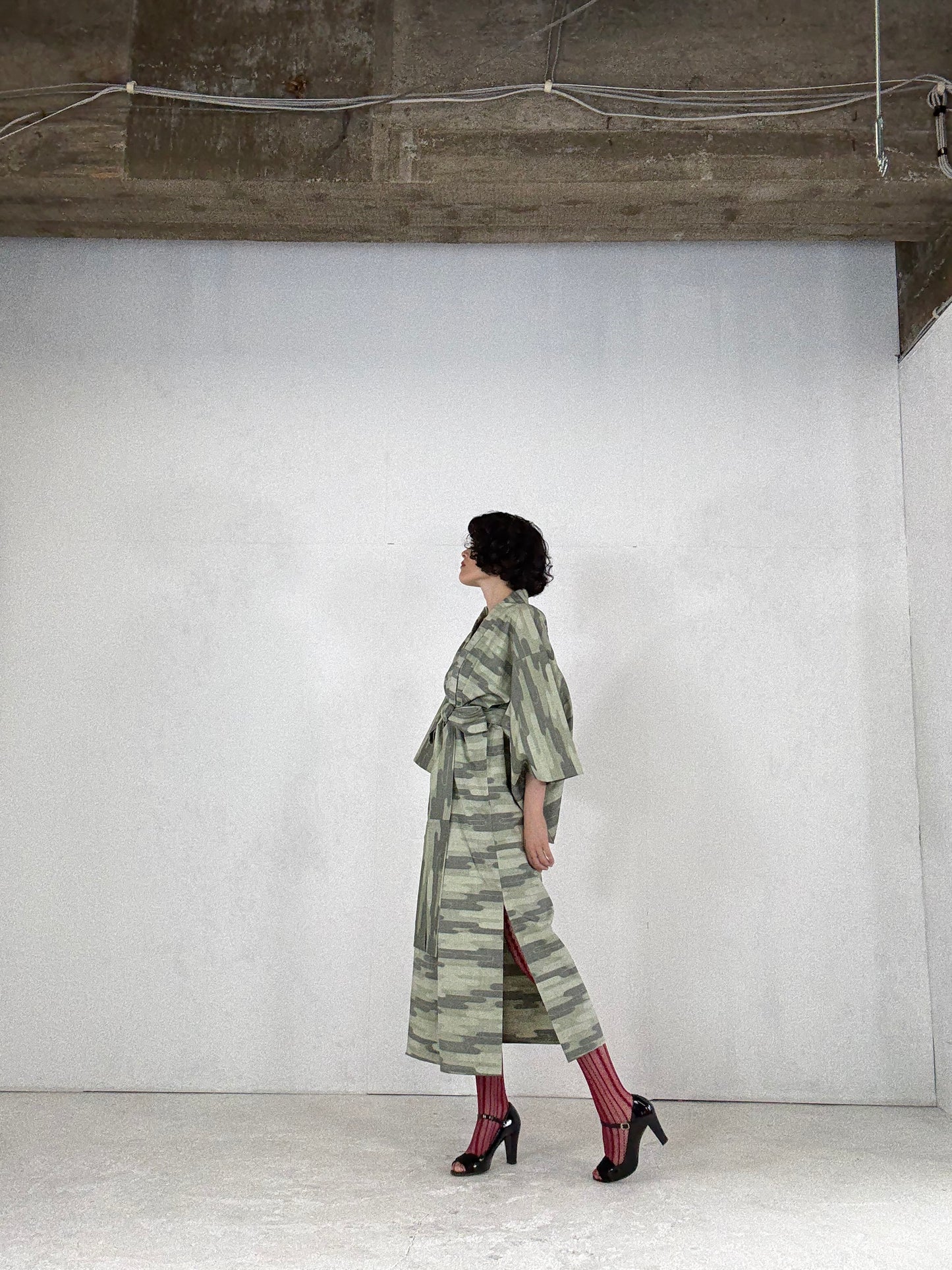 Kimono dress gown and string belt upcycled from Japanese kimono "tsumugi cloud pattern" :damage