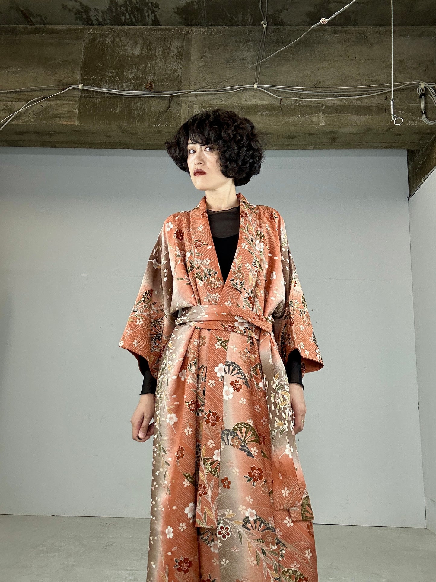 Kimono dress gown and string belt upcycled from Japanese kimono "SAKURA"