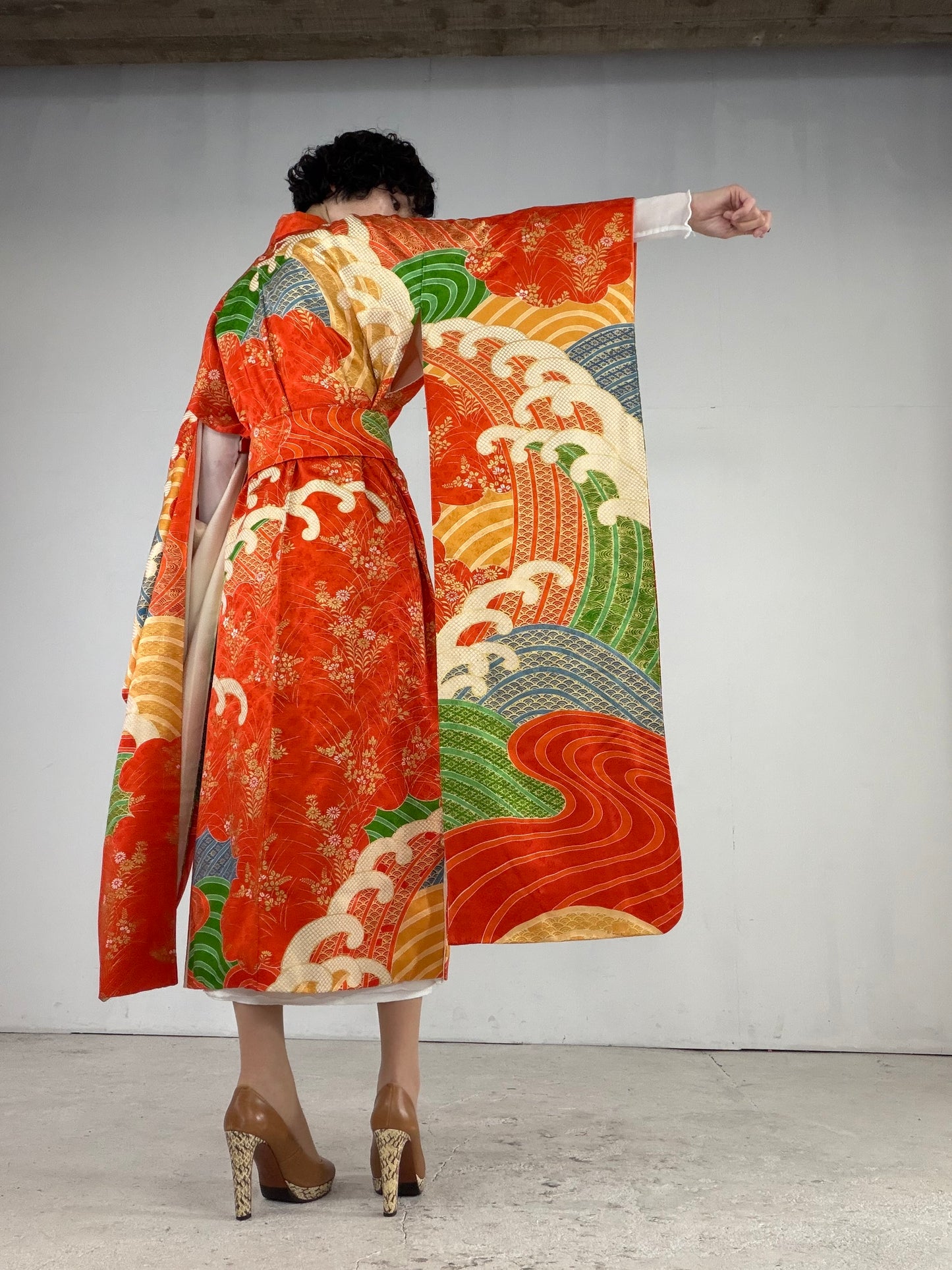 Furisode Kimono Dress Gown with String Belt – Upcycled from Vintage Japanese Kimono "orange, nami, DRE021"