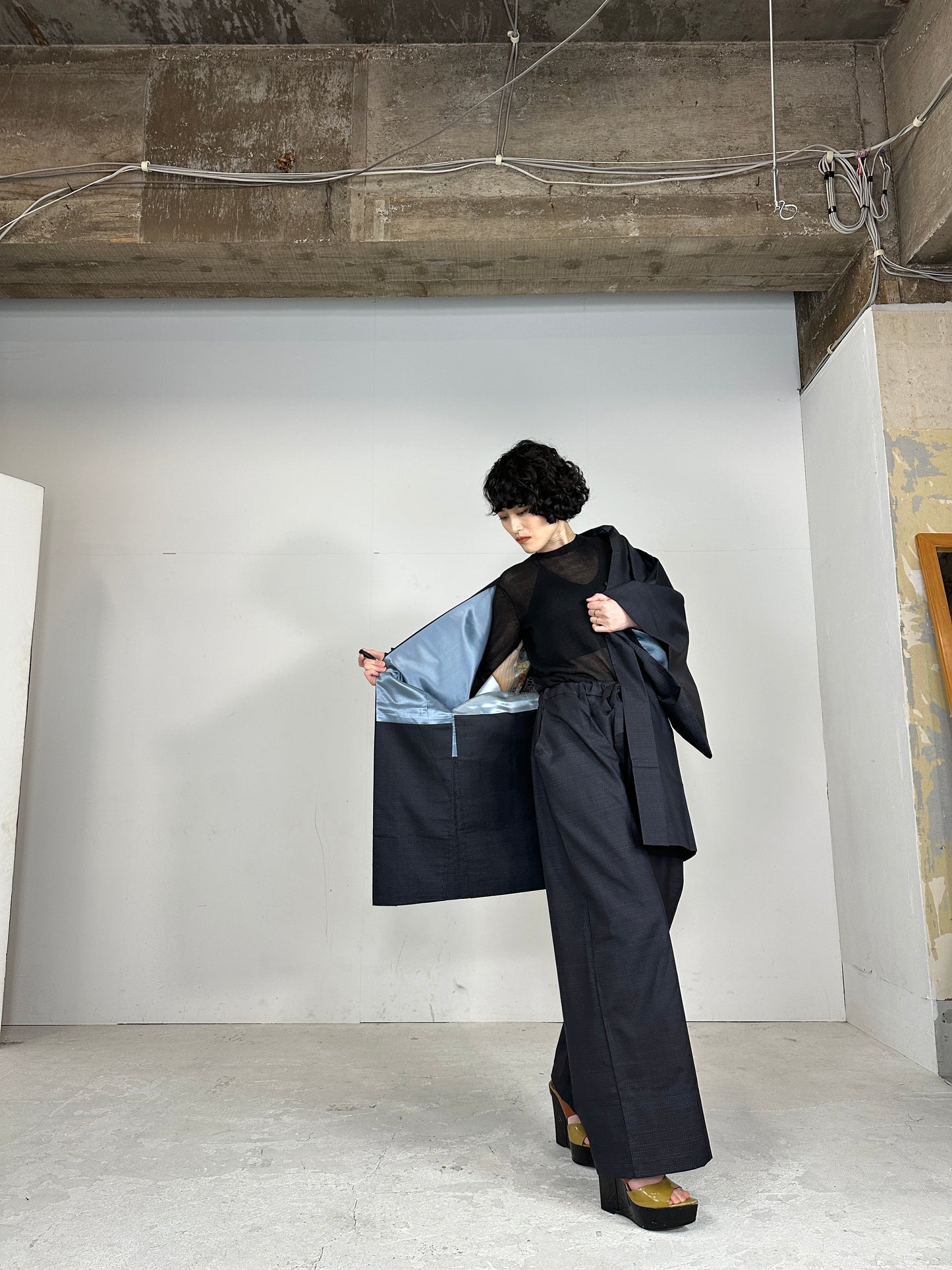 Oshima Tsumugi HAORI  and KIMONO elastic waist pants(large size) upcycled from Japanese kimono(Unisex)"NIHONBASHI_blue pattern"