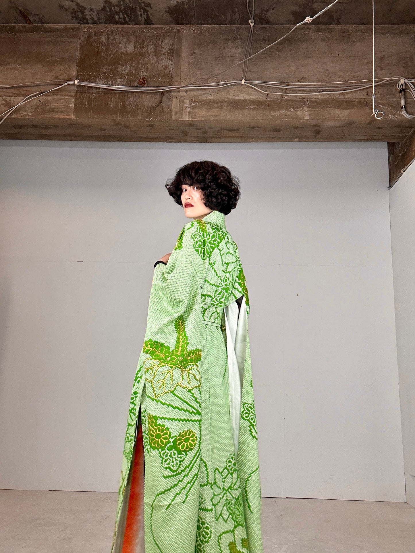 Furisode Kimono dress gown and string belt upcycled from Japanese kimono "shibori green"