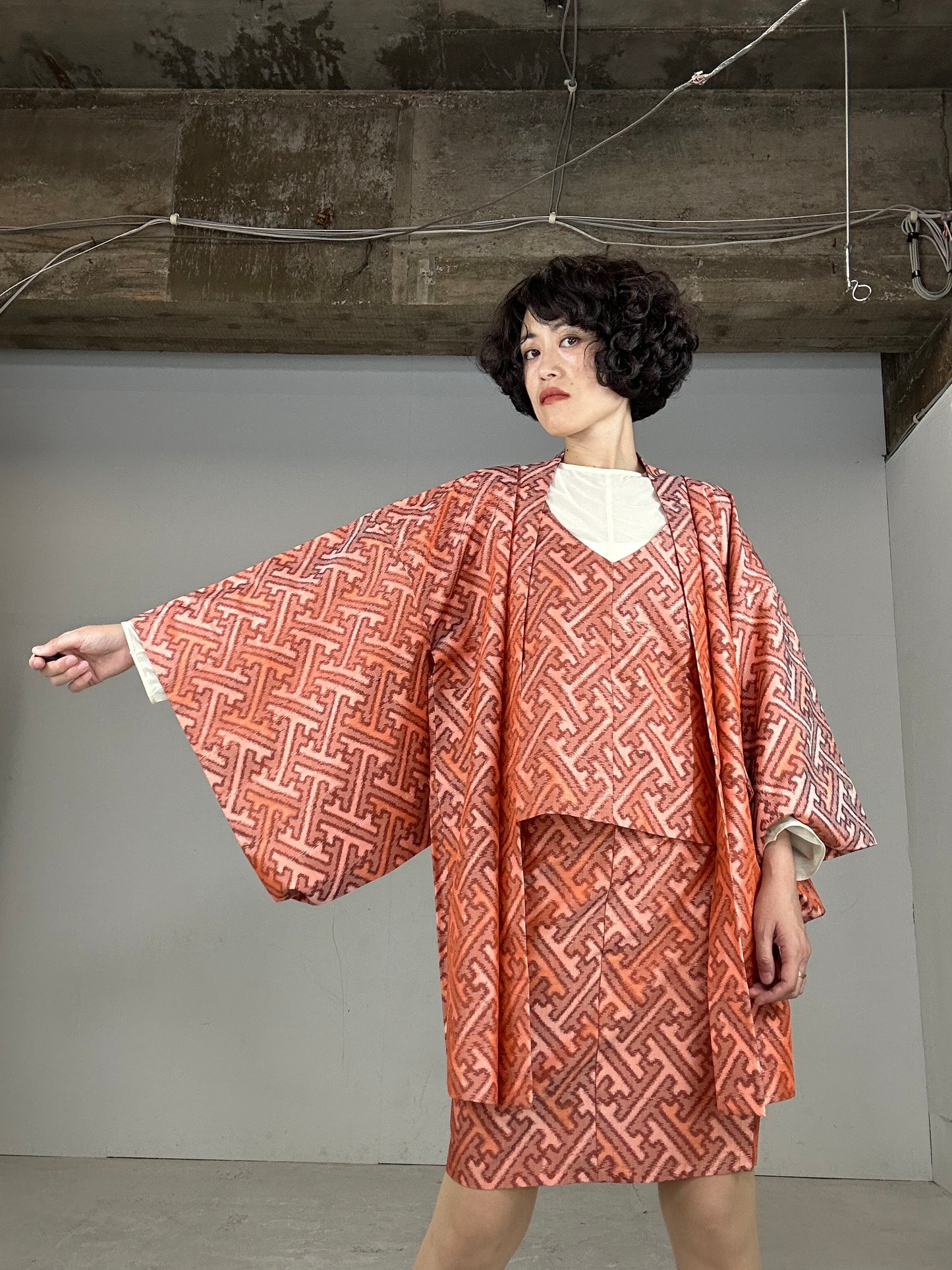 Tsumugi HAORI and KIMONO Skirt, Camisole upcycled from Japanese kimono"manjitsunagi"