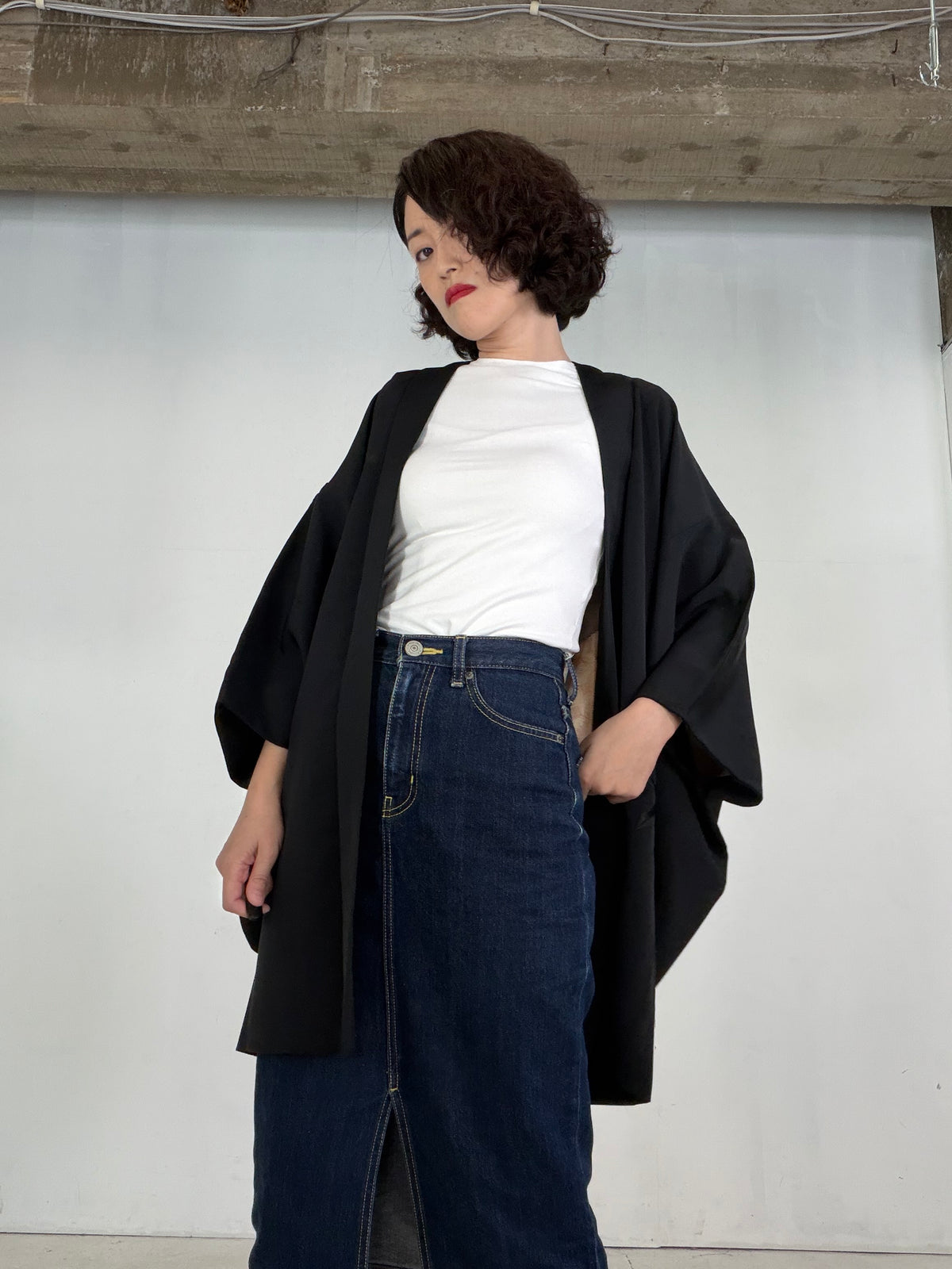VINTAGE BLACK HAORI  "glitter, BLK205"*damage