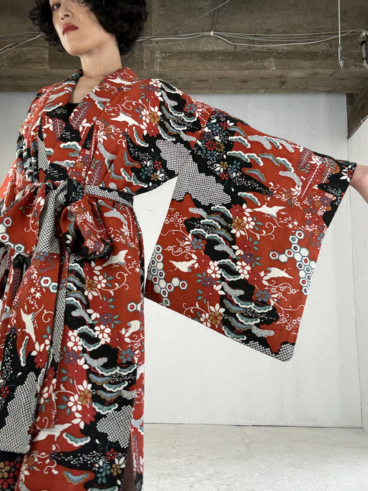 Kimono dress gown and string belt upcycled from Japanese kimono "yukigeshiki" Big Ribbon