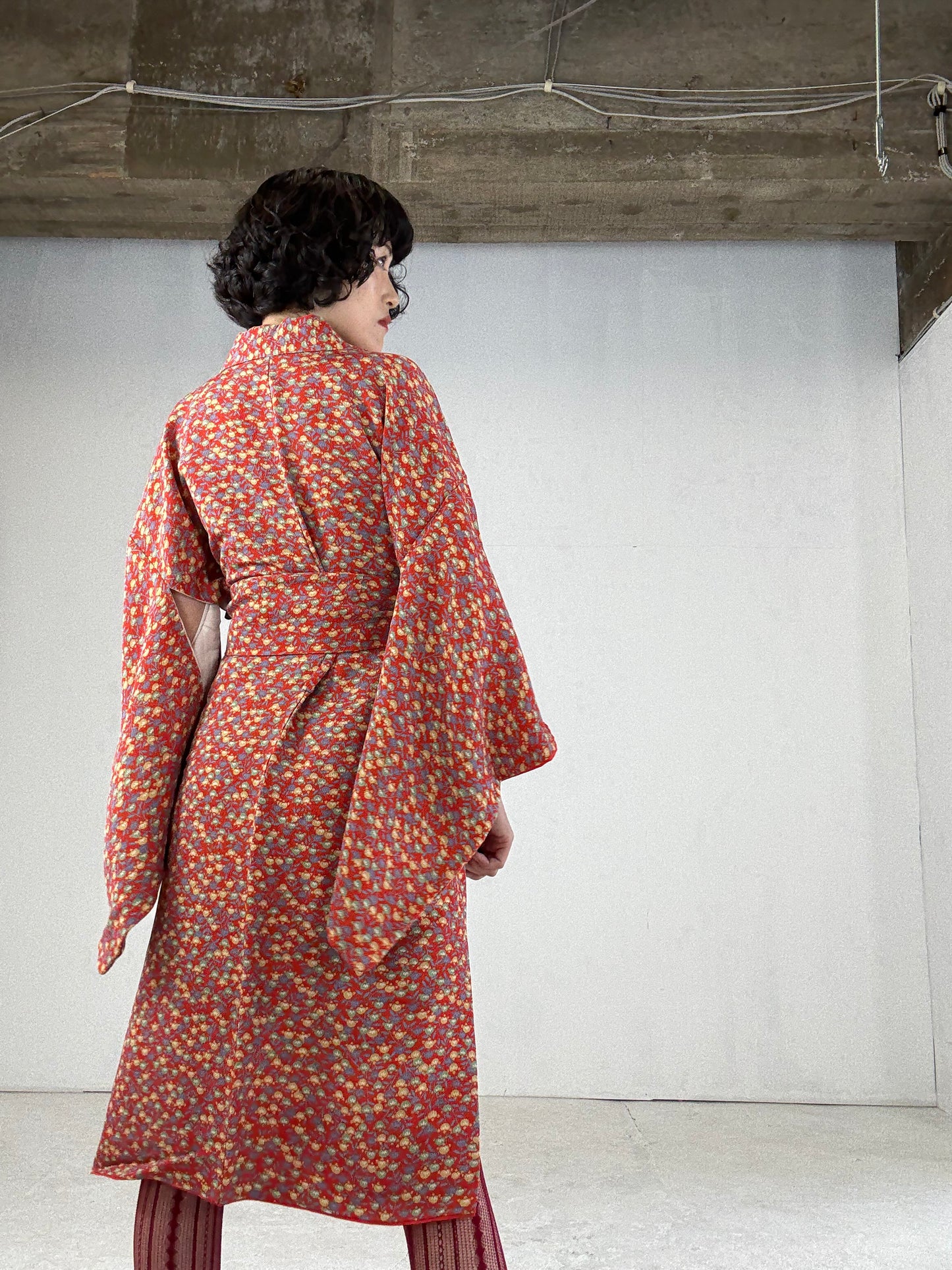 Kimono dress gown and string belt upcycled from Japanese kimono "tachibana" Big Ribbon