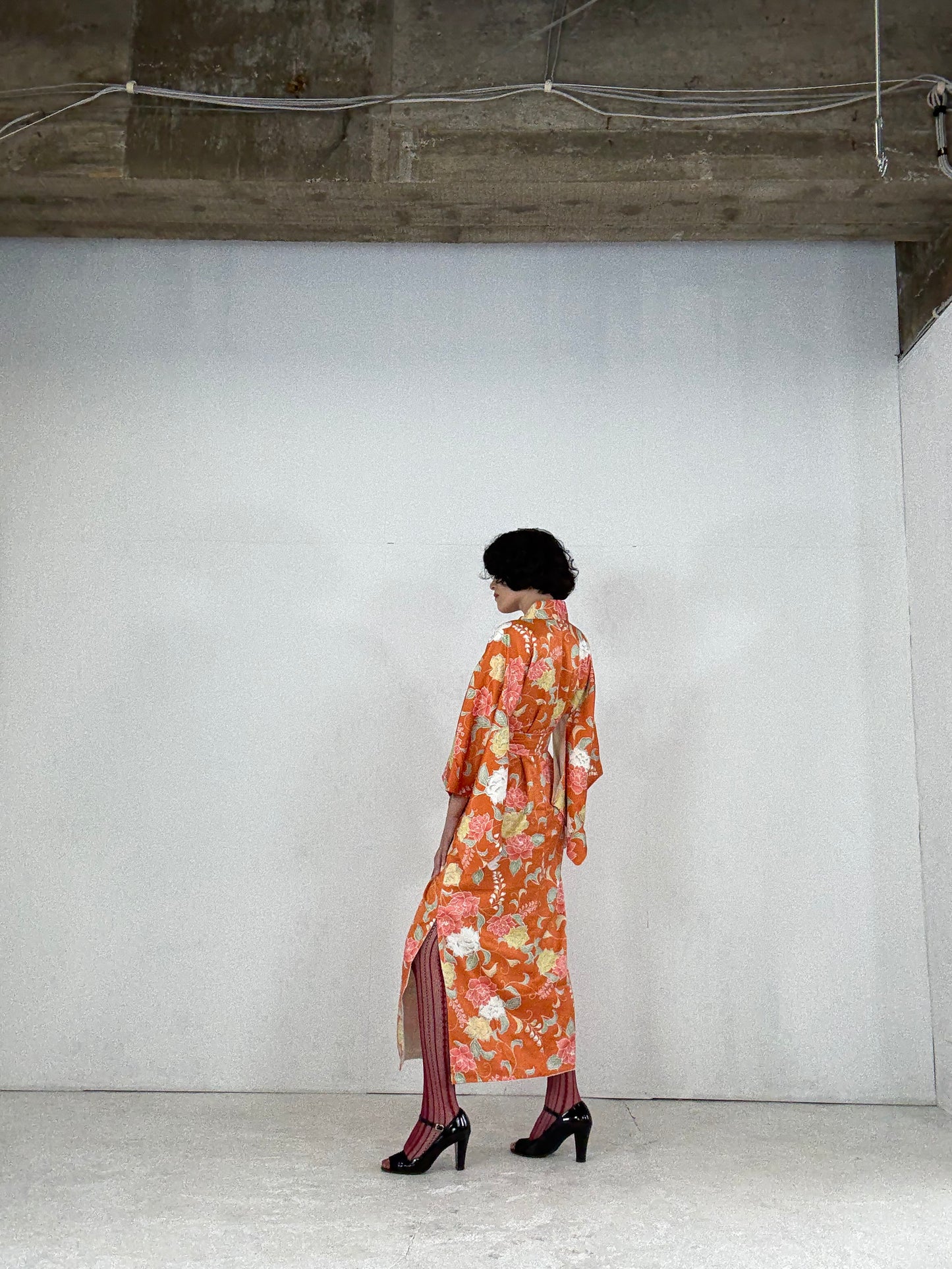 Kimono dress gown and string belt upcycled from Japanese kimono "komon youbana" *damage