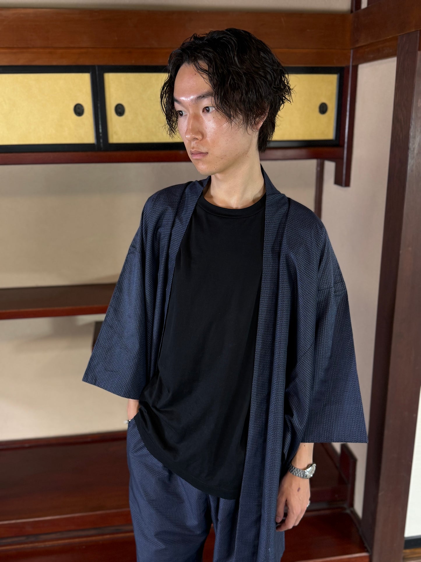 Oshima Tsumugi HAORI  and KIMONO elastic waist pants upcycled from Japanese kimono"taka"version 2