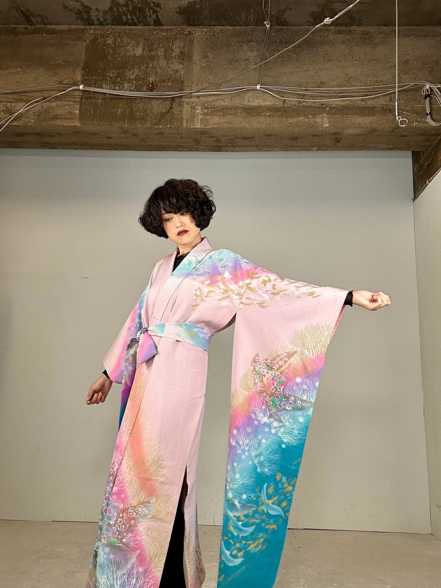 Furisode Kimono dress gown and string belt upcycled from Japanese kimono "sky gradient bird"