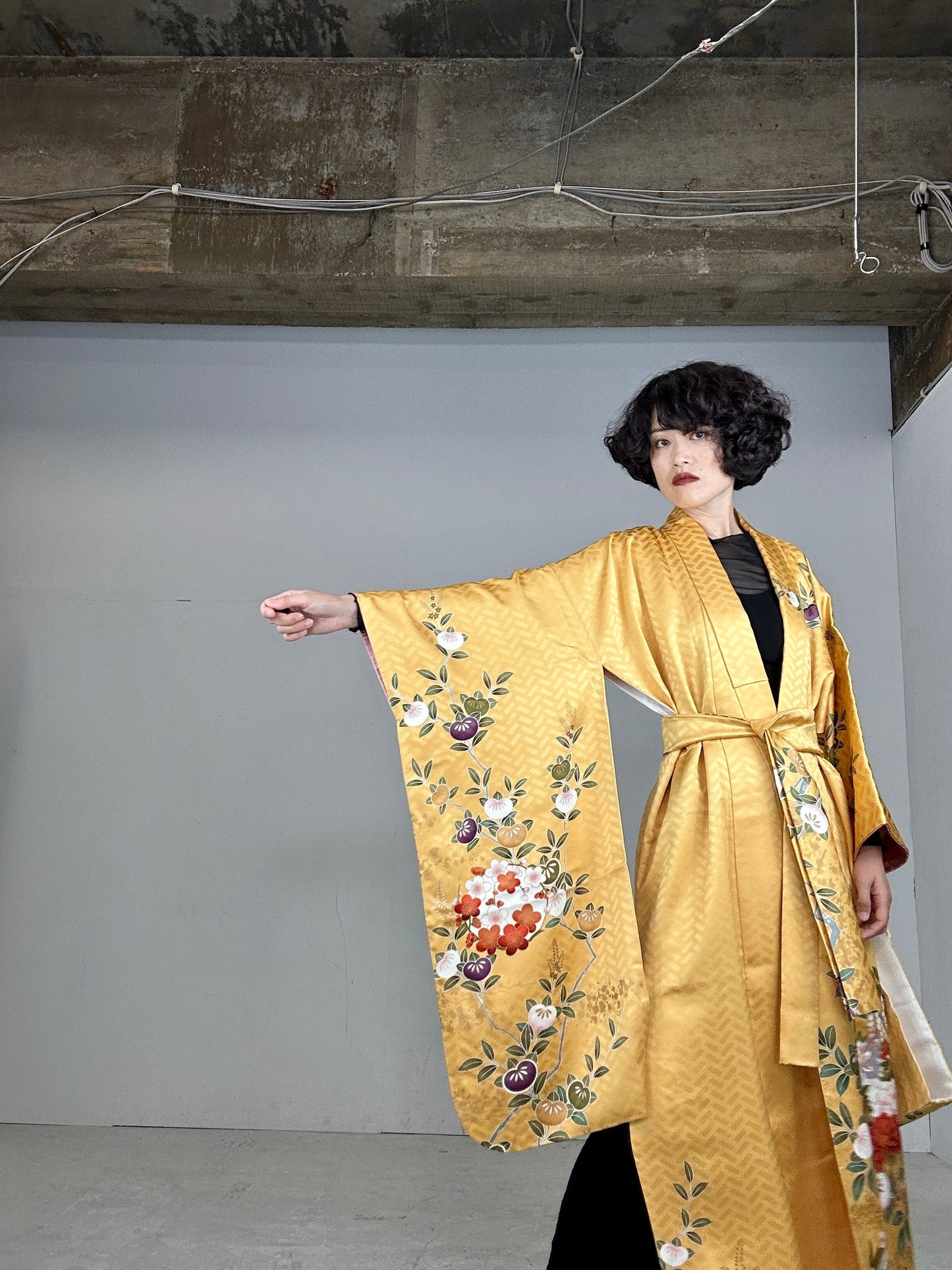 Furisode Kimono dress gown and string belt upcycled from Japanese kimono "yellow"