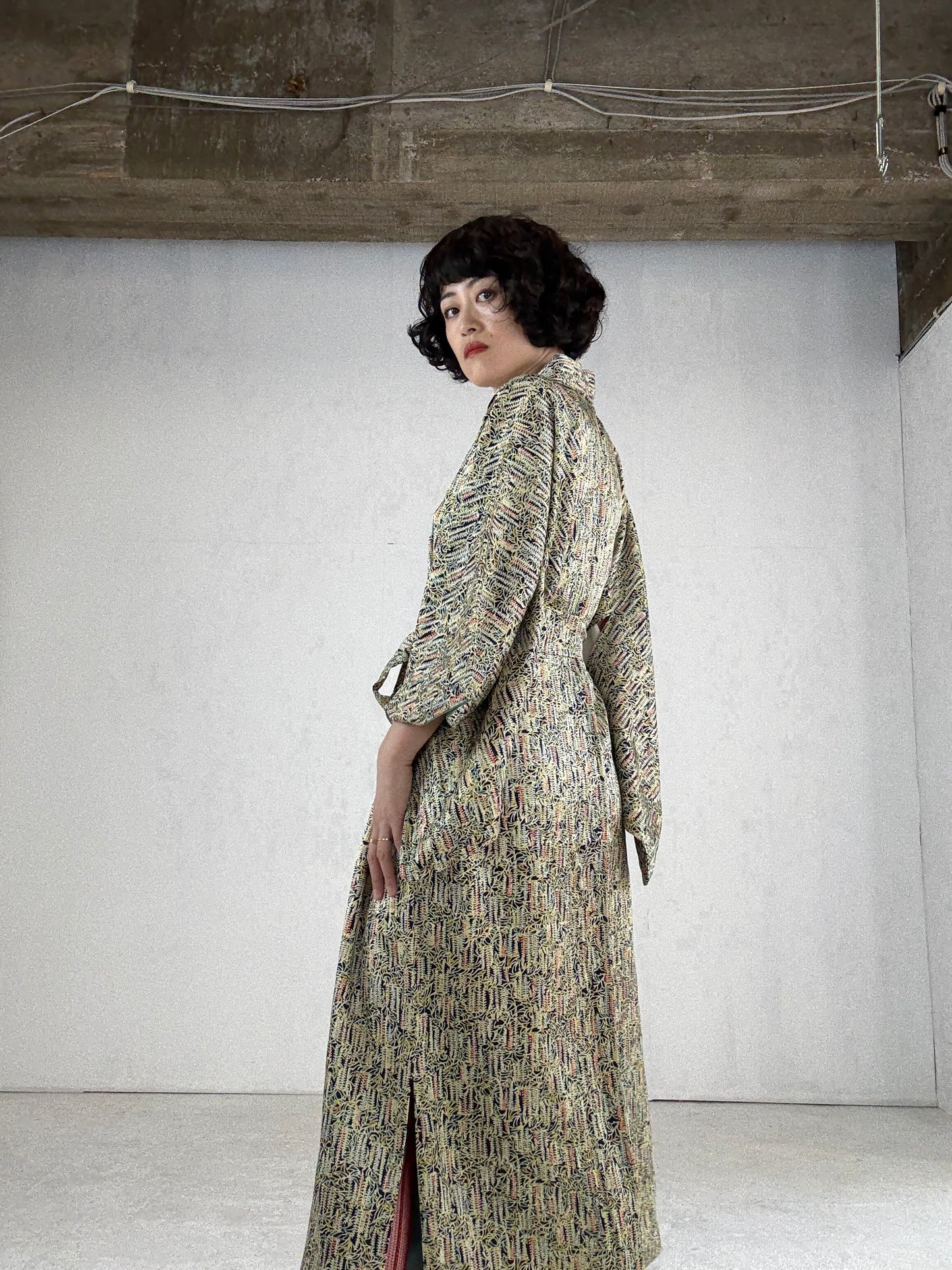 Kimono dress gown and string belt upcycled from Japanese kimono " fuji"