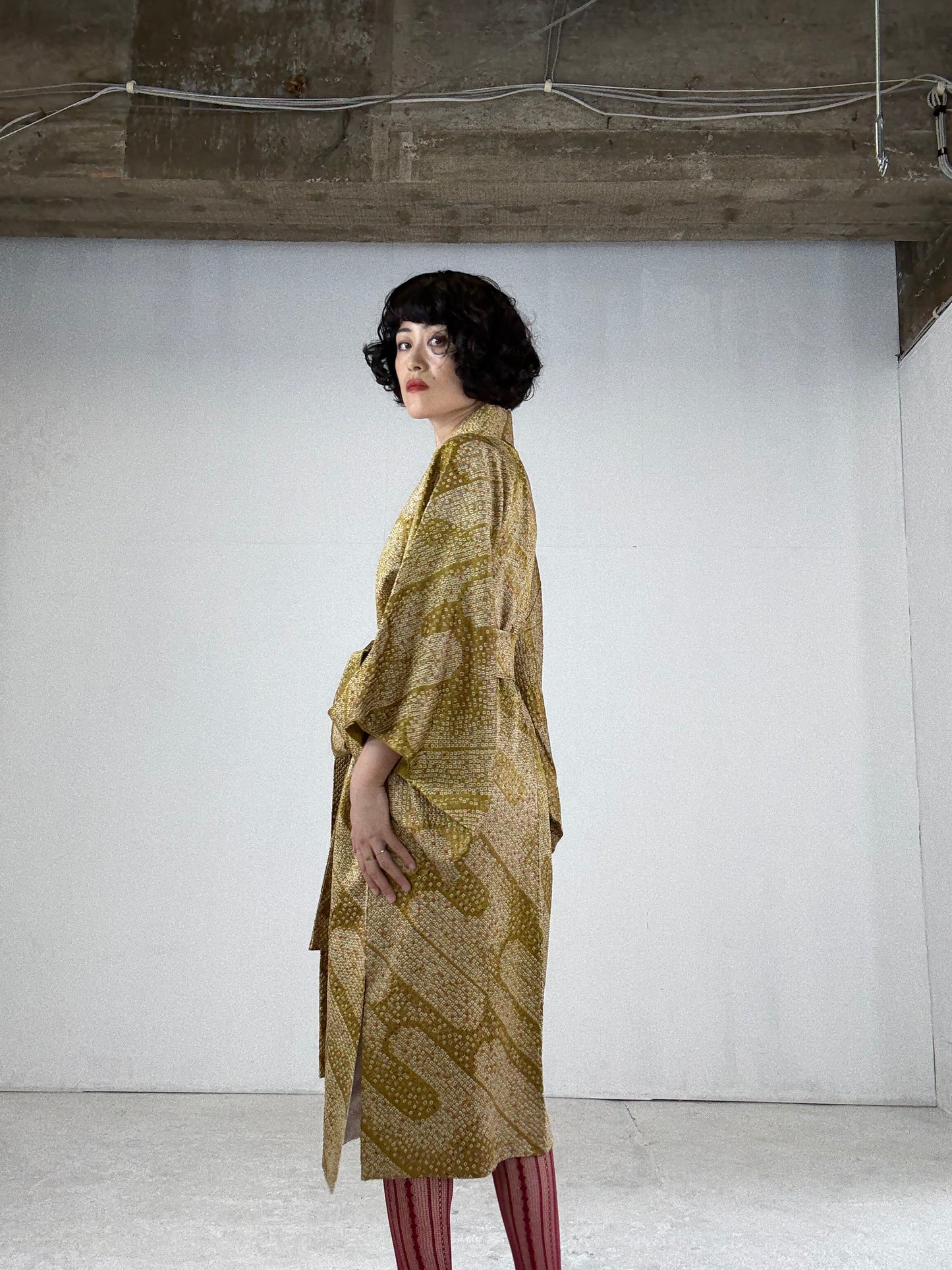 Kimono dress gown and string belt upcycled from Japanese kimono "shibori, yellow" Big Ribbon