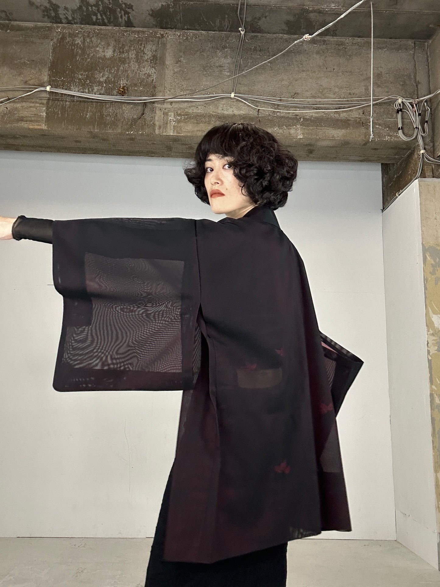 VINTAGE BLACK HAORI SHEER “aka 003 sasa ryusui"