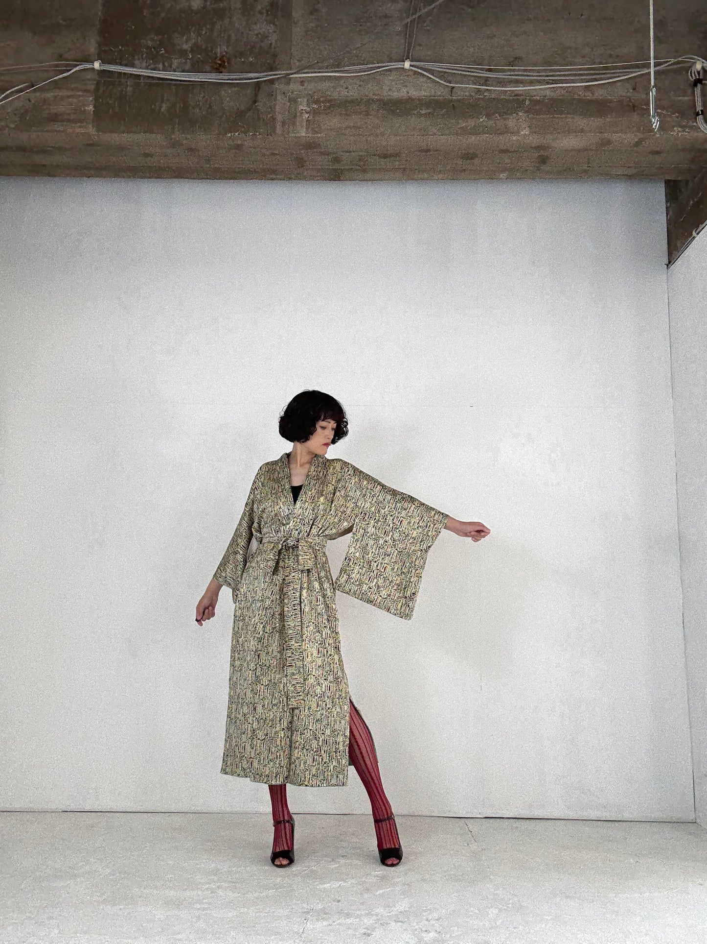 Kimono dress gown and string belt upcycled from Japanese kimono " fuji"