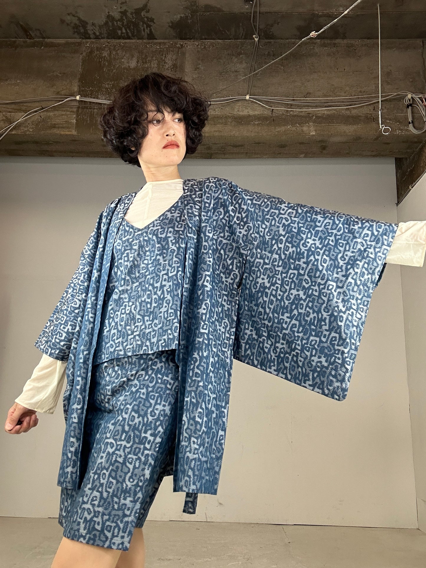 Tsumugi HAORI and KIMONO Skirt, Camisole upcycled from Japanese kimono"sarasa blue"