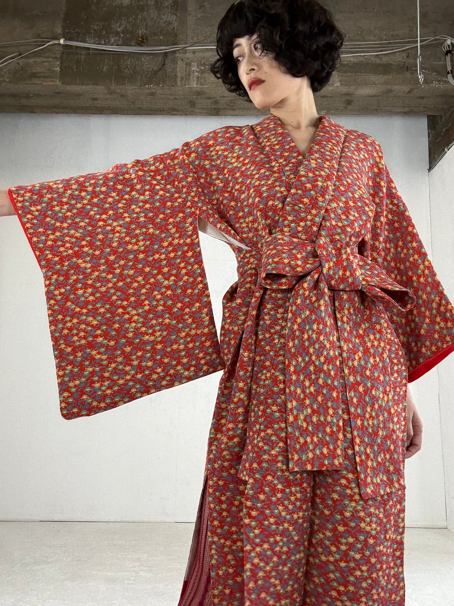 Kimono dress gown and string belt upcycled from Japanese kimono "tachibana" Big Ribbon