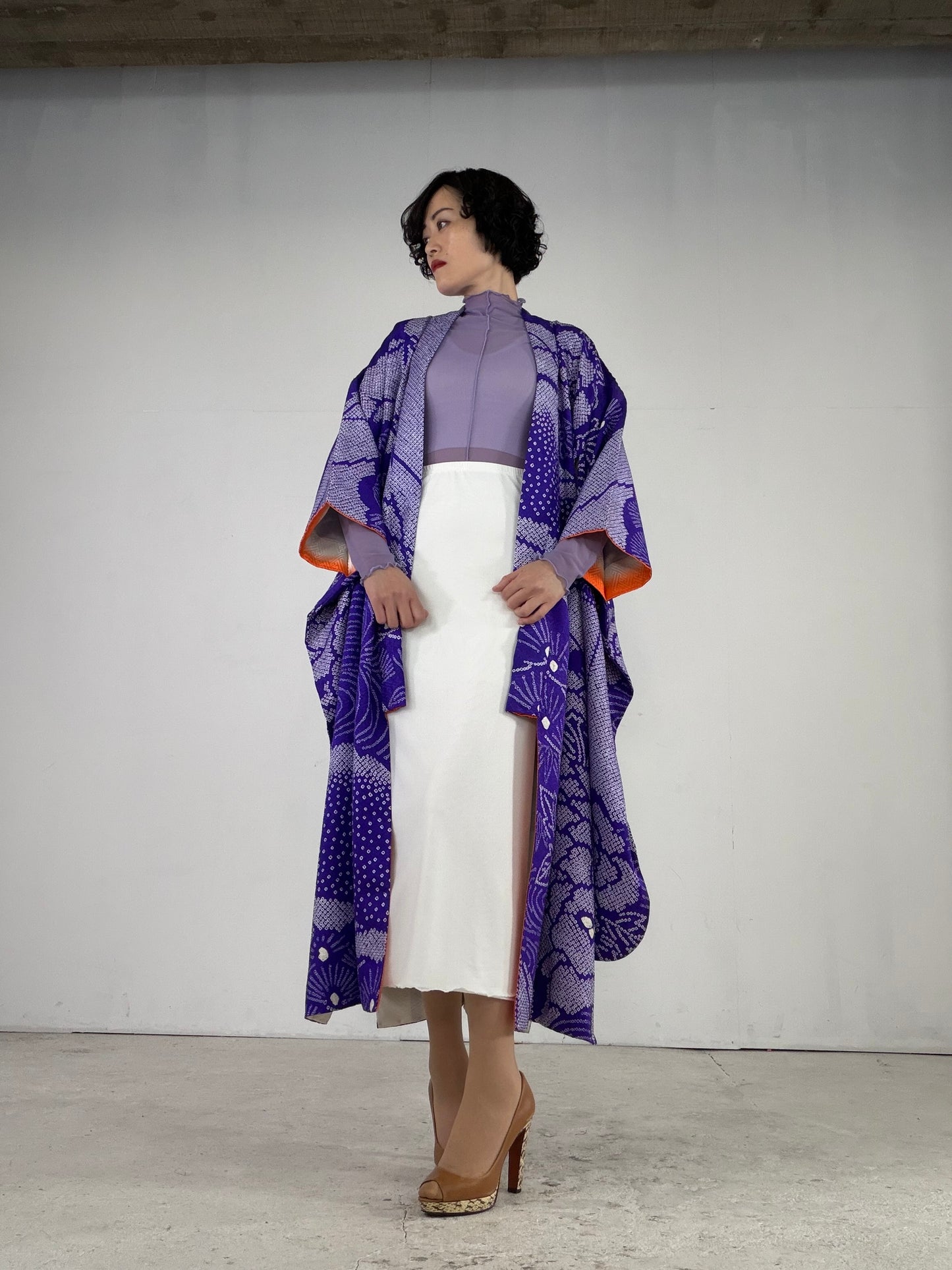 Furisode Kimono Dress Gown with String Belt – Upcycled from Vintage Japanese Kimono "shibori, ,murasaki, DRE022"