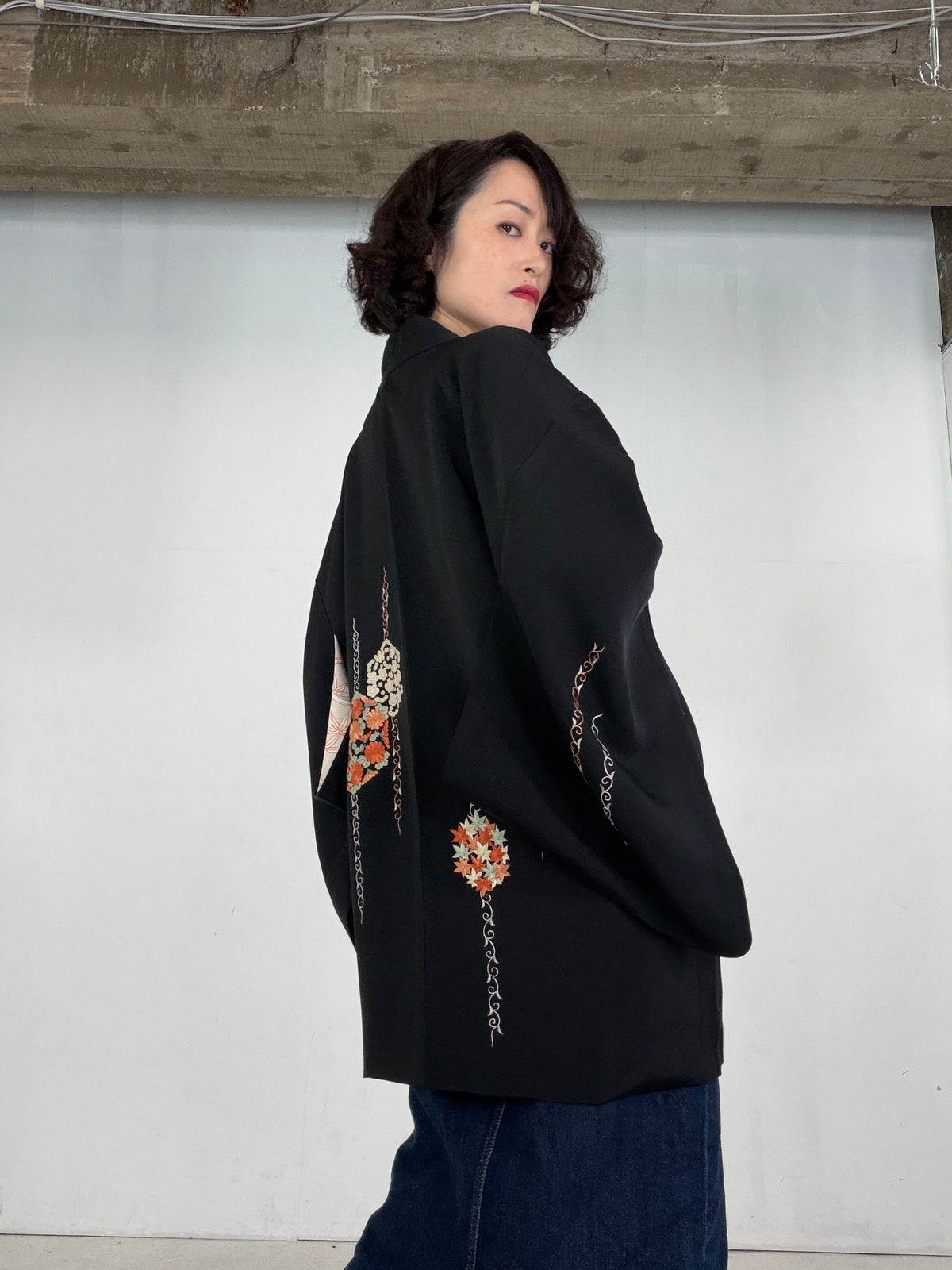 VINTAGE BLACK HAORI  "embroidery, BLK207"